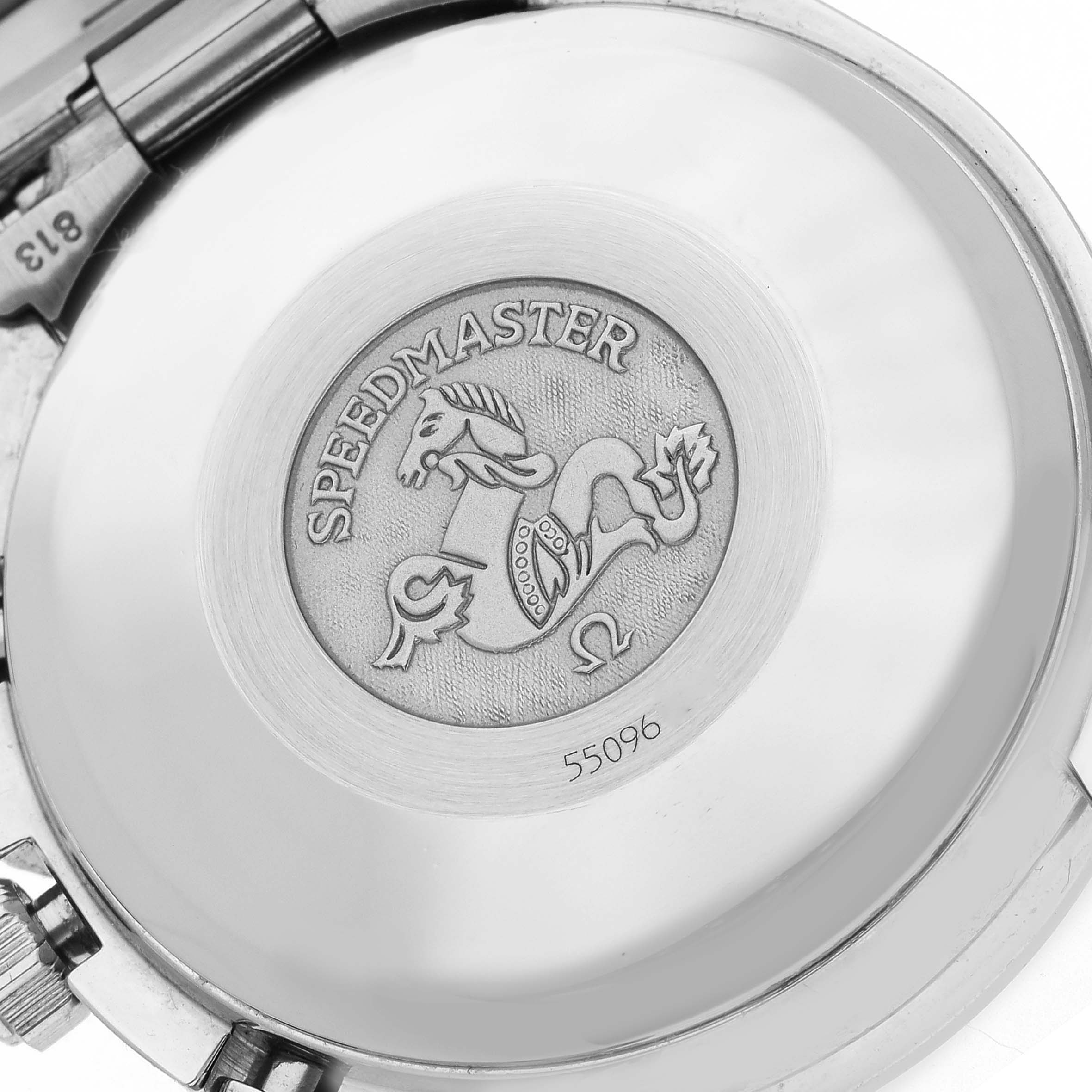 The image shows the case back of an Omega Speedmaster 3511.12.00 Men
s Stainless Steel Yellow Dial 3511.12.00 Men
s Stainless Steel Yellow Dial, featuring the engraved logo and model details.