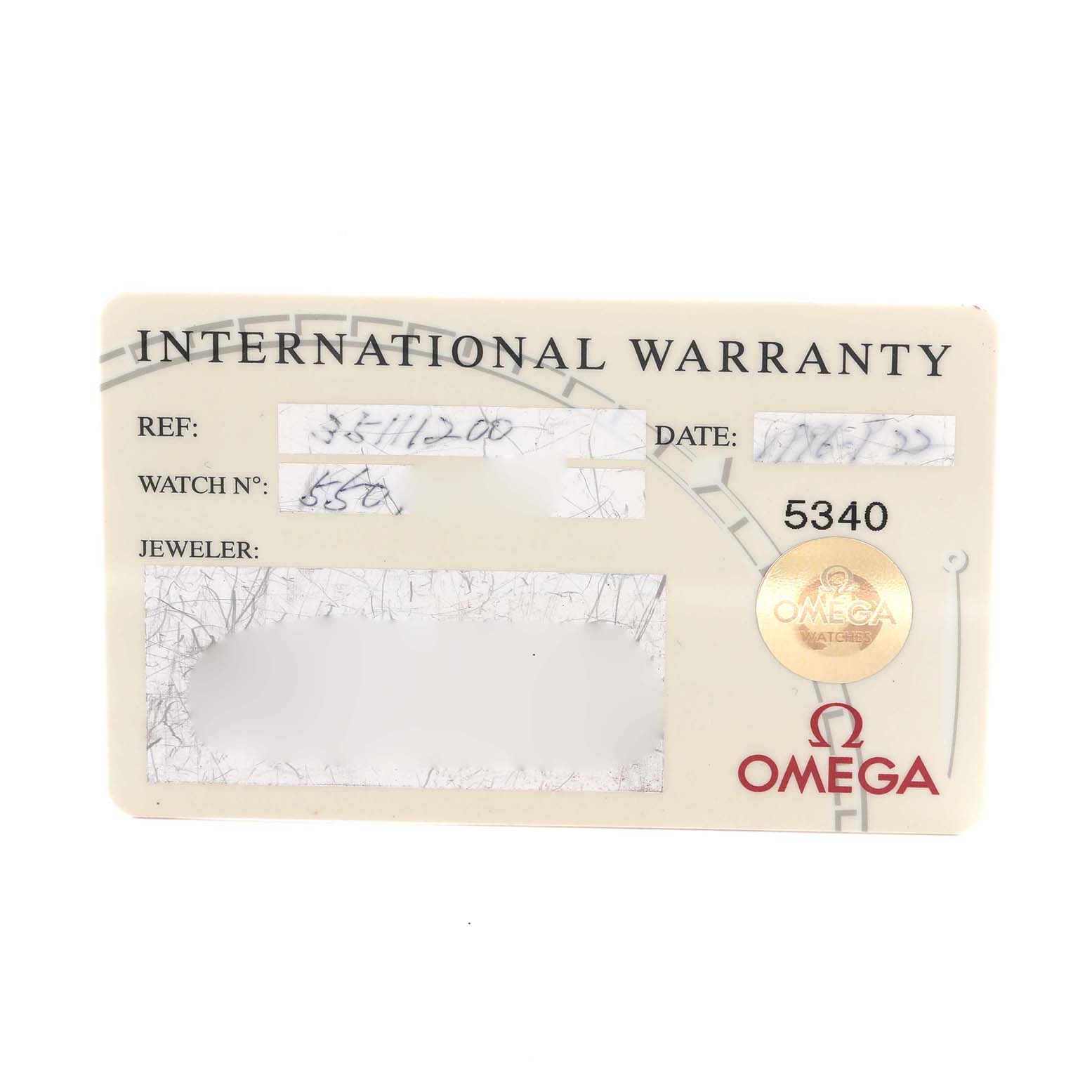 The image shows an Omega Speedmaster 3511.12.00 Men
s Stainless Steel Yellow Dial 3511.12.00 Men
s Stainless Steel Yellow Dial International Warranty card, displaying reference details for the watch.