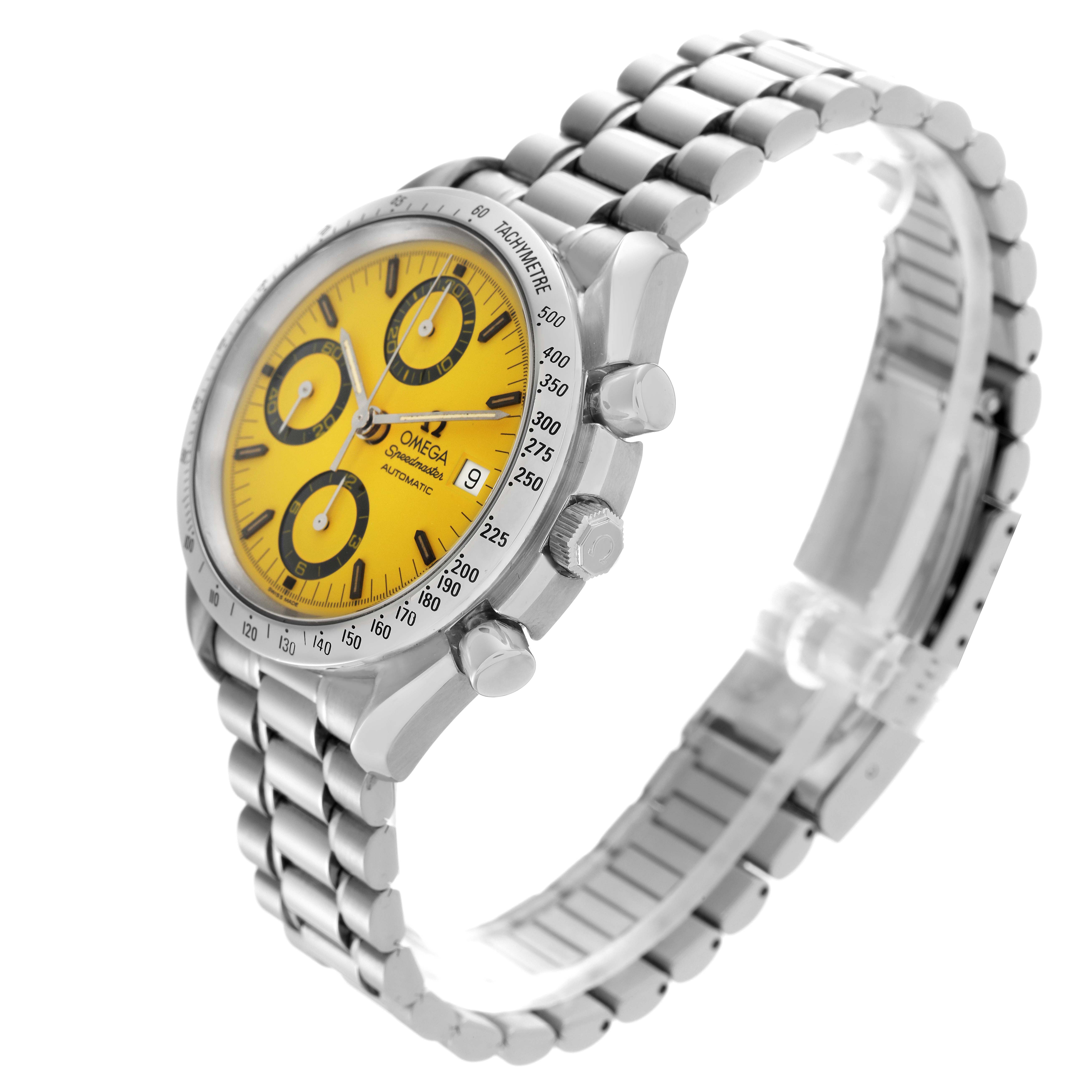 The Omega Speedmaster 3511.12.00 Men
s Stainless Steel Yellow Dial 3511.12.00 Men
s Stainless Steel Yellow Dial watch is shown at a three-quarter angle, highlighting the face, bezel, crown, pushers, and bracelet.