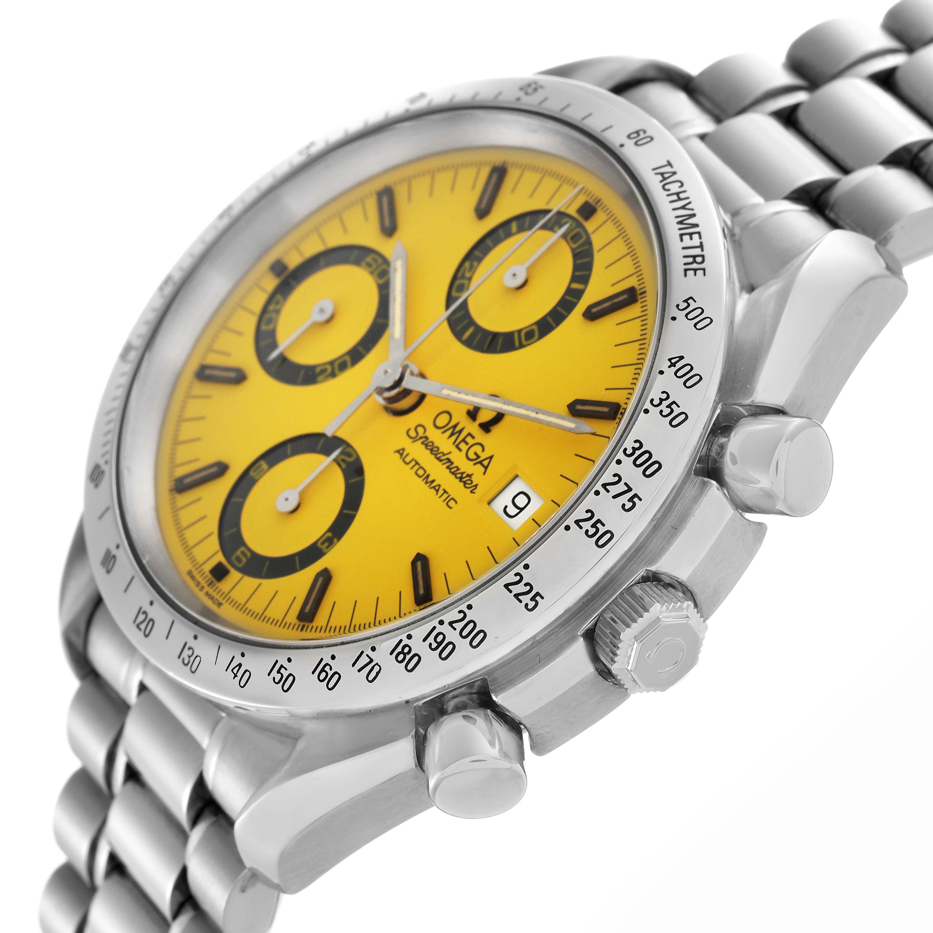 The Omega Speedmaster 3511.12.00 Men
s Stainless Steel Yellow Dial 3511.12.00 Men
s Stainless Steel Yellow Dial watch is shown at a side angle, highlighting its yellow dial, tachymeter bezel, and stainless steel bracelet.