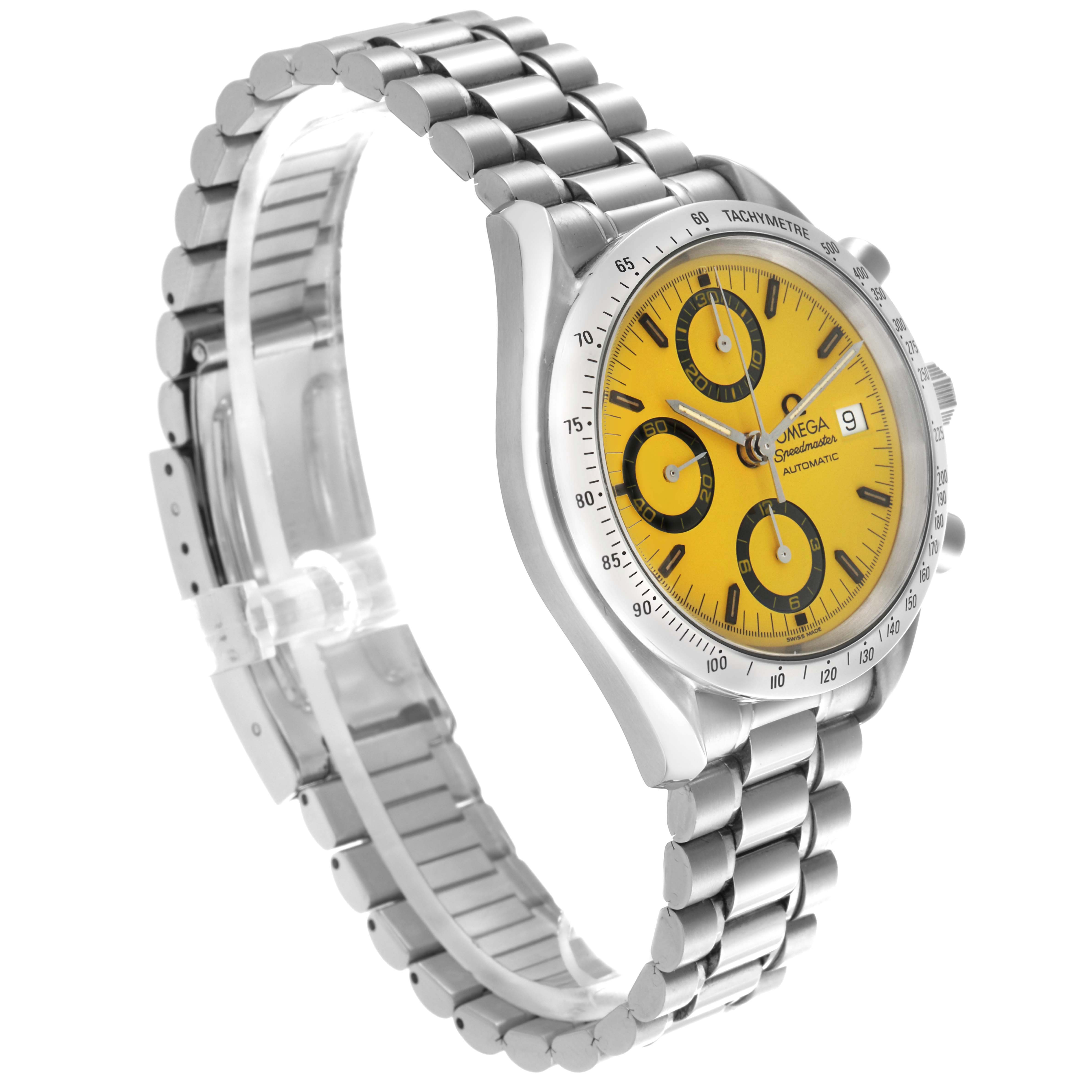The Omega Speedmaster 3511.12.00 Men
s Stainless Steel Yellow Dial 3511.12.00 Men
s Stainless Steel Yellow Dial watch is shown at a slight side angle, displaying its yellow dial, tachymeter bezel, and metal bracelet.