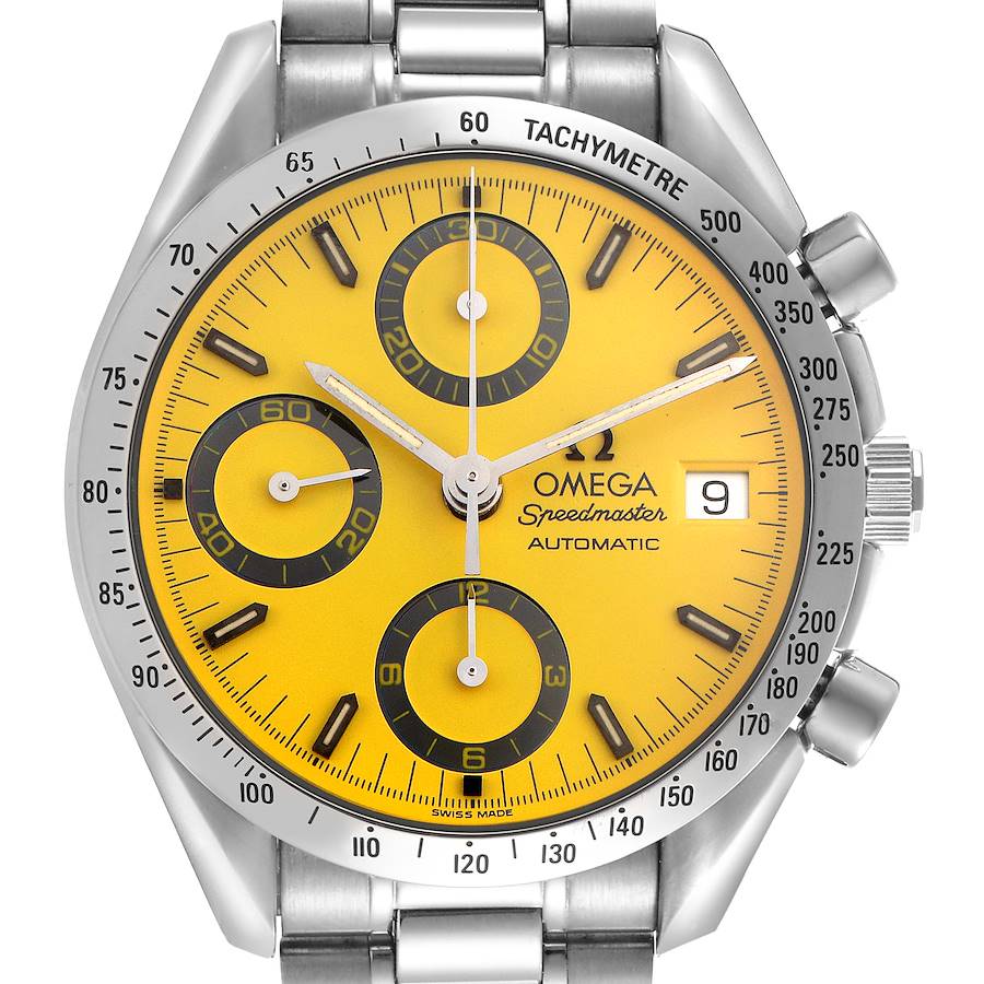 The Omega Speedmaster watch is shown from the front, displaying its yellow dial, tachymeter bezel, and chronograph subdials.