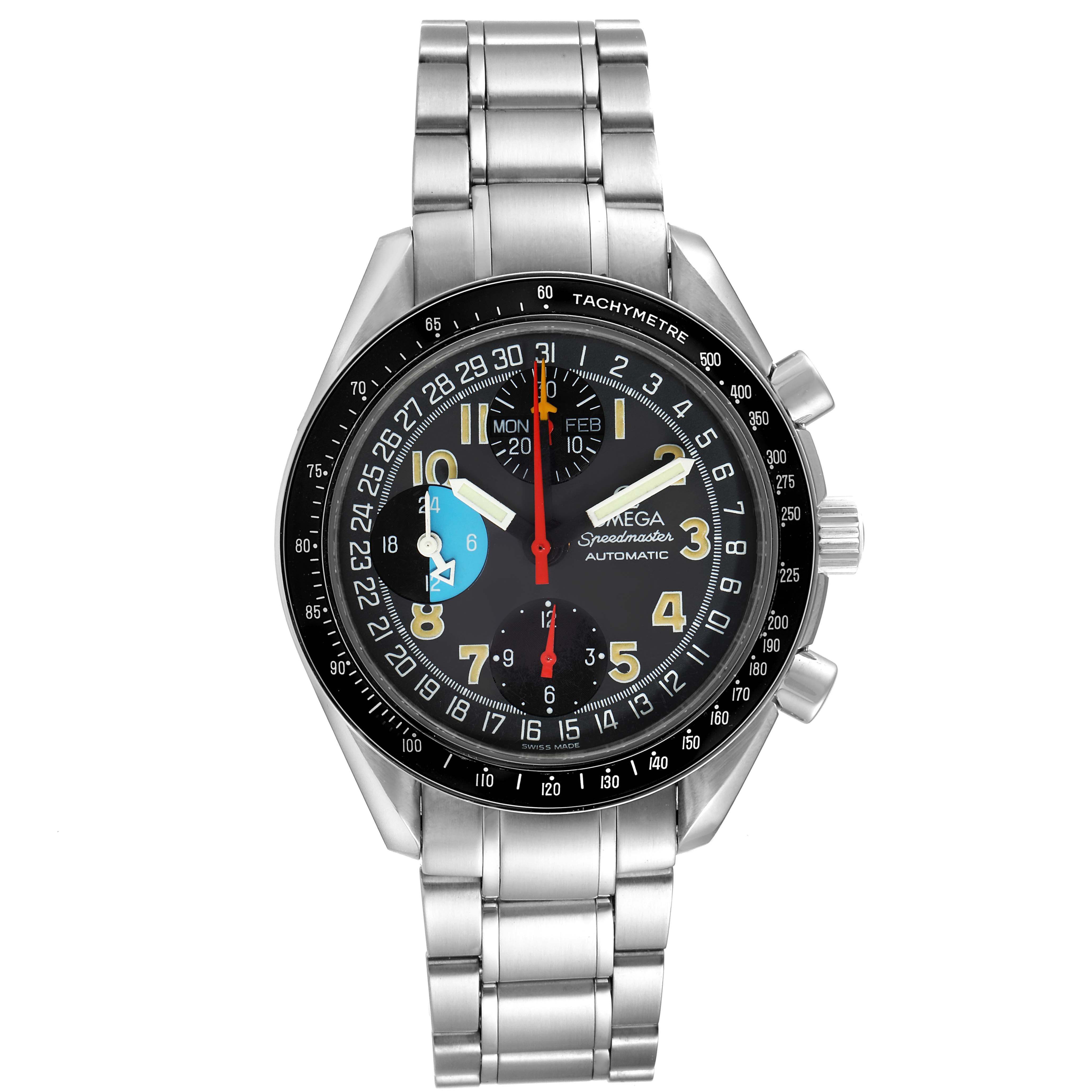 The image shows a front view of an Omega Speedmaster 3520.53.00 Men
s Stainless Steel Grey Dial 3520.53.00 Men
s Stainless Steel Grey Dial watch, highlighting its face, dial, and metal bracelet.