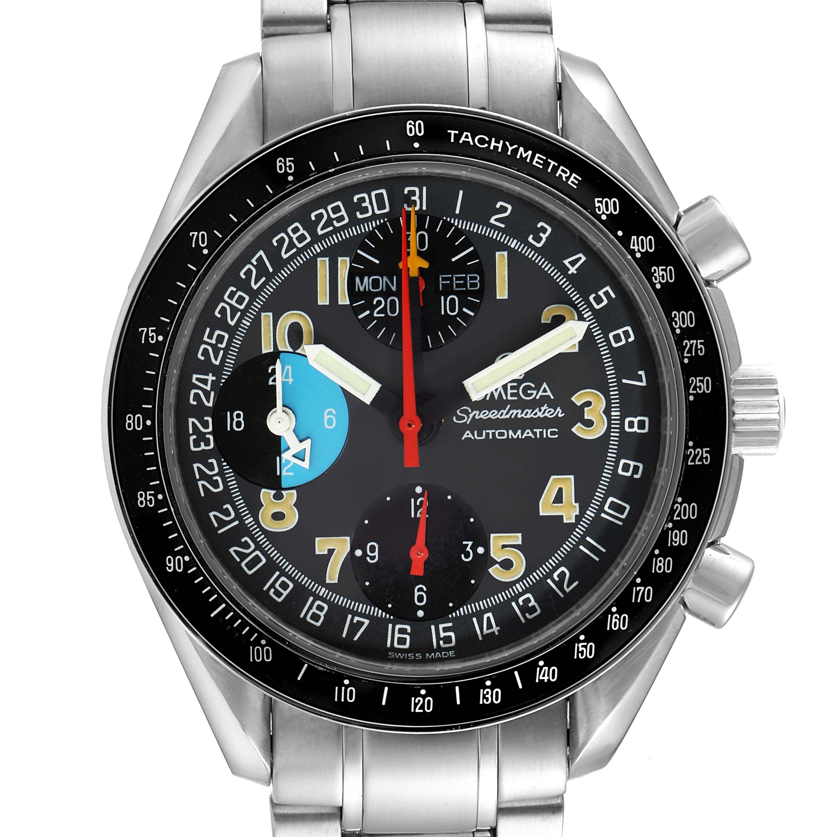 The image shows the front view of an Omega Speedmaster 3520.53.00 Men
s Stainless Steel Grey Dial 3520.53.00 Men
s Stainless Steel Grey Dial watch, highlighting its dial, tachymeter bezel, and pushers.