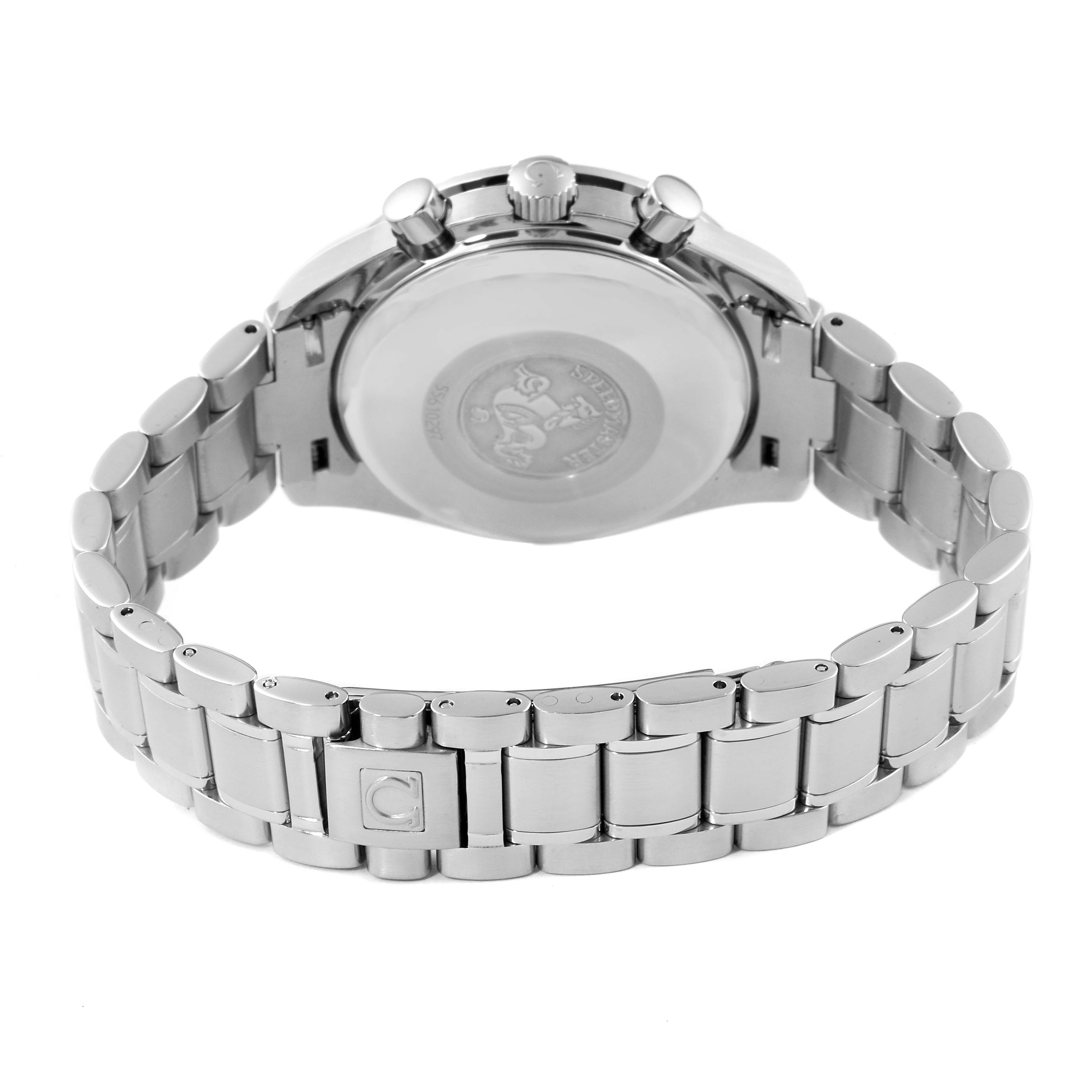 The image shows the back case and bracelet of the Omega Speedmaster 3520.53.00 Men
s Stainless Steel Grey Dial 3520.53.00 Men
s Stainless Steel Grey Dial watch from a rear angle.
