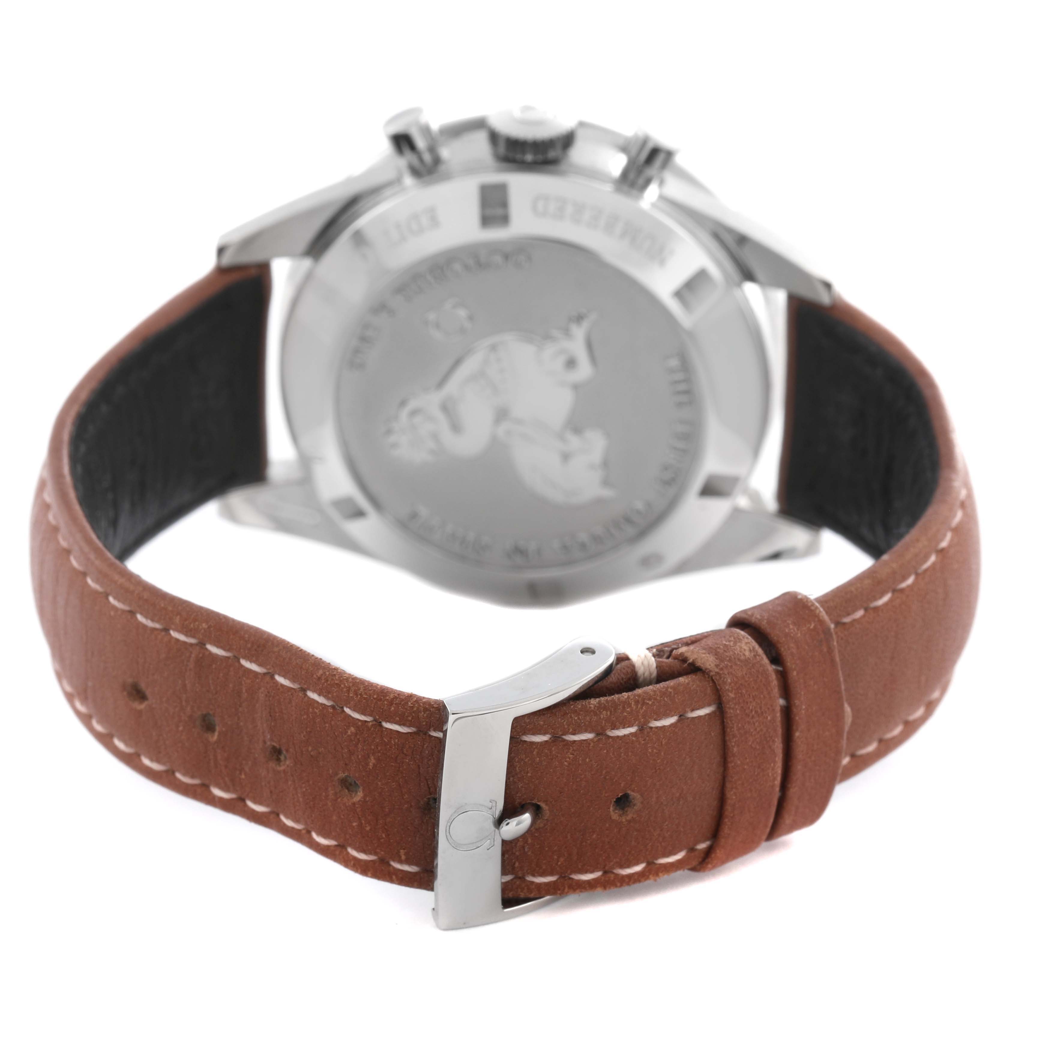 The Omega Speedmaster 311.32.40.30.01.001 Men's Stainless Steel Black Dial 311.32.40.30.01.001 Men's Stainless Steel Black Dial watch is shown from the back, focusing on the case back, crown, pushers, and leather strap clasp.