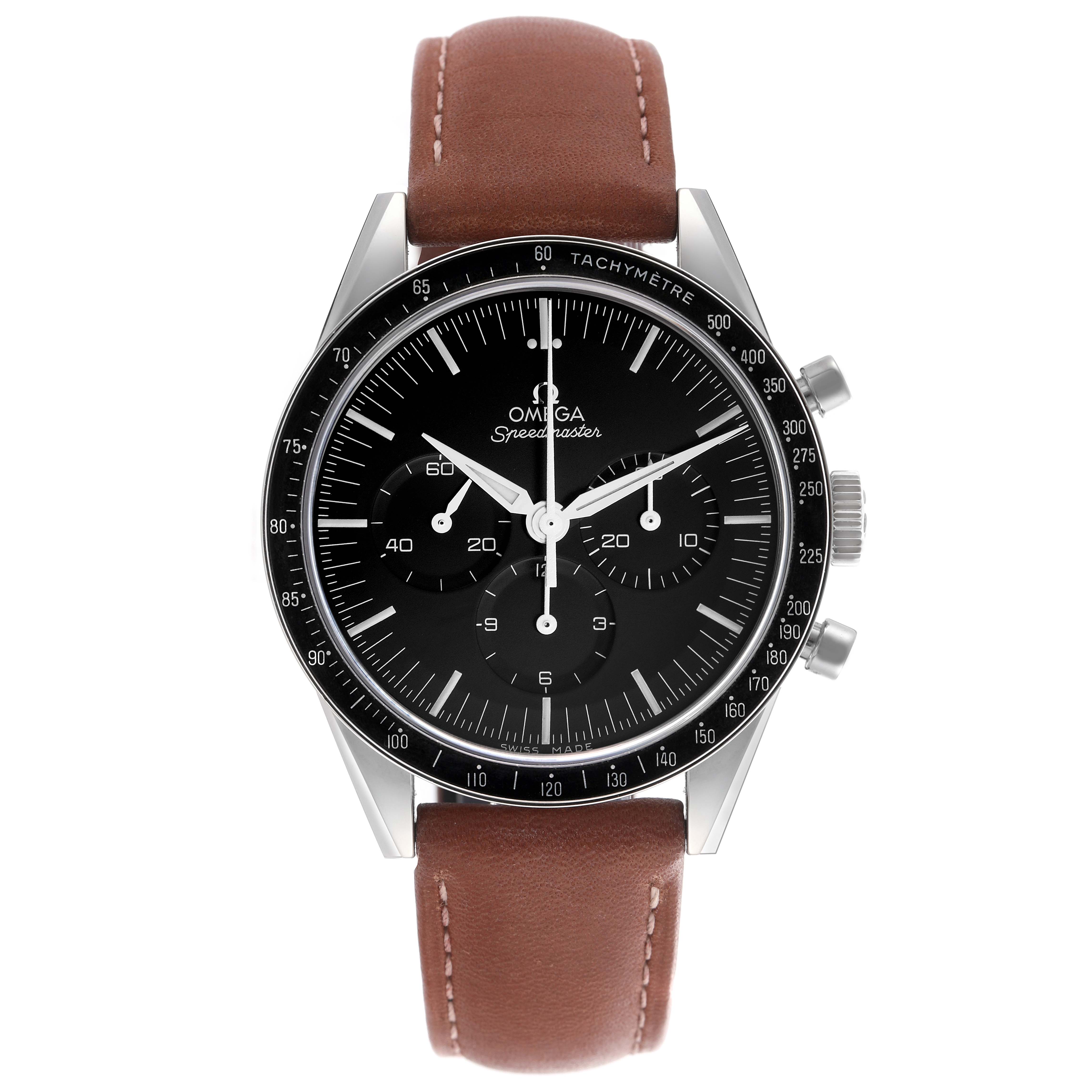 The Omega Speedmaster 311.32.40.30.01.001 Men's Stainless Steel Black Dial 311.32.40.30.01.001 Men's Stainless Steel Black Dial watch is shown in a front view displaying the dial, bezel, buttons, and brown leather strap.