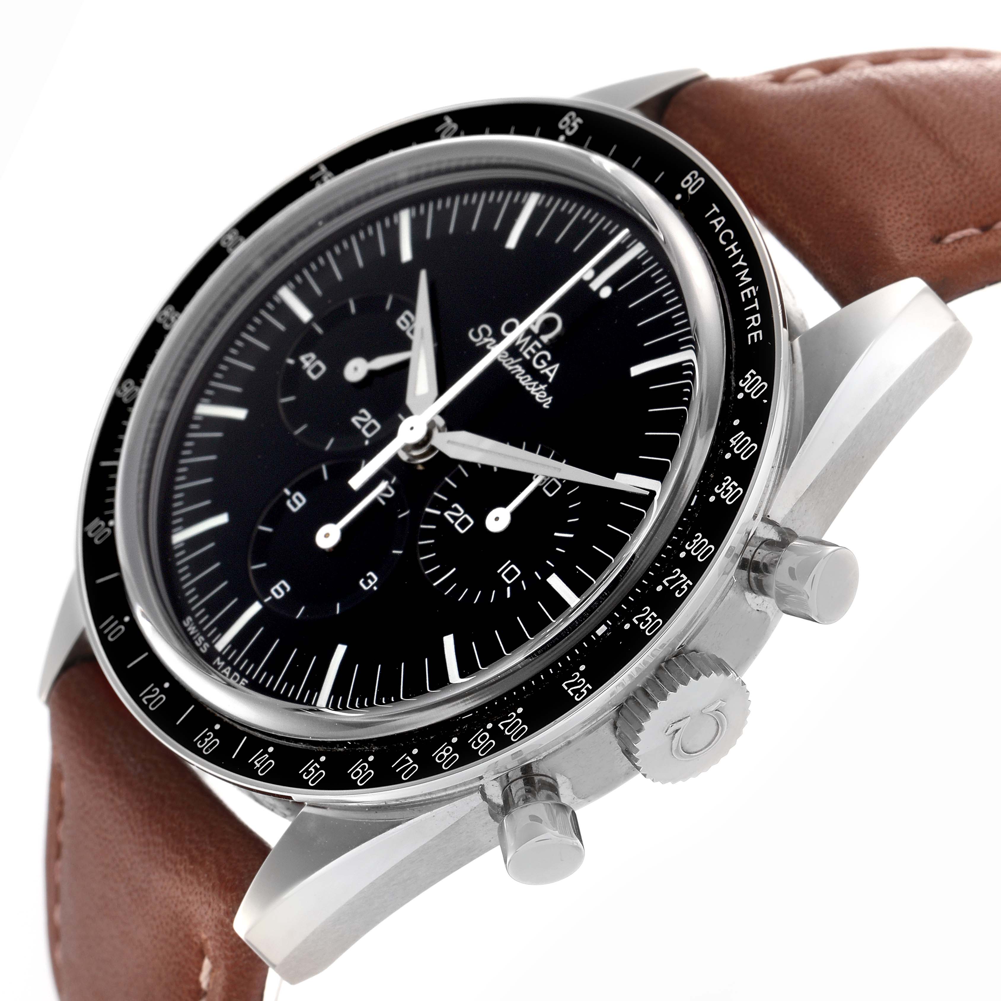 The Omega Speedmaster 311.32.40.30.01.001 Men's Stainless Steel Black Dial 311.32.40.30.01.001 Men's Stainless Steel Black Dial watch is shown at a tilted angle highlighting its tachymeter bezel, chronograph dials, and brown leather strap.
