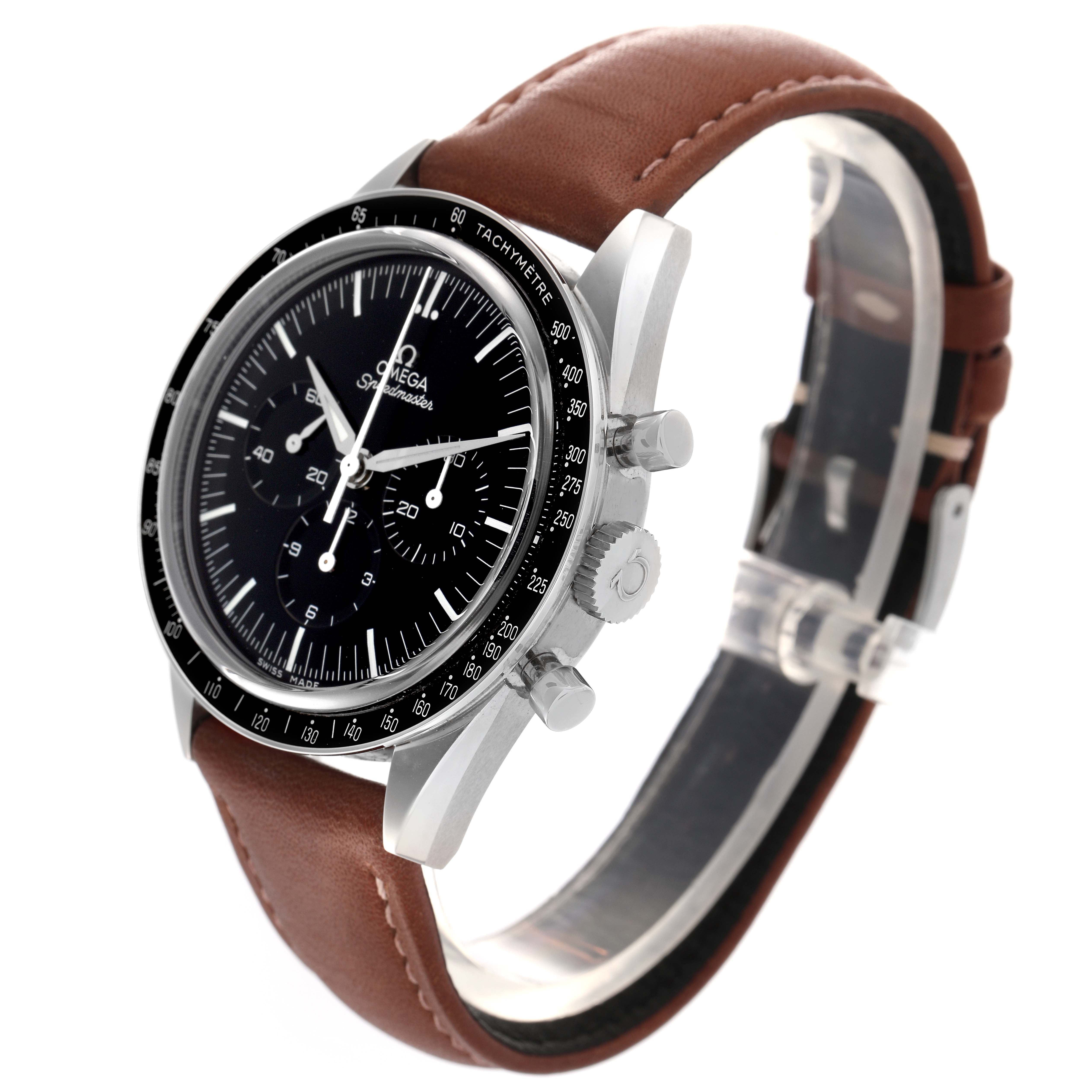 The Omega Speedmaster 311.32.40.30.01.001 Men's Stainless Steel Black Dial 311.32.40.30.01.001 Men's Stainless Steel Black Dial watch is shown at a three-quarter angle, highlighting the bezel, dial, crown, pushers, and leather strap.