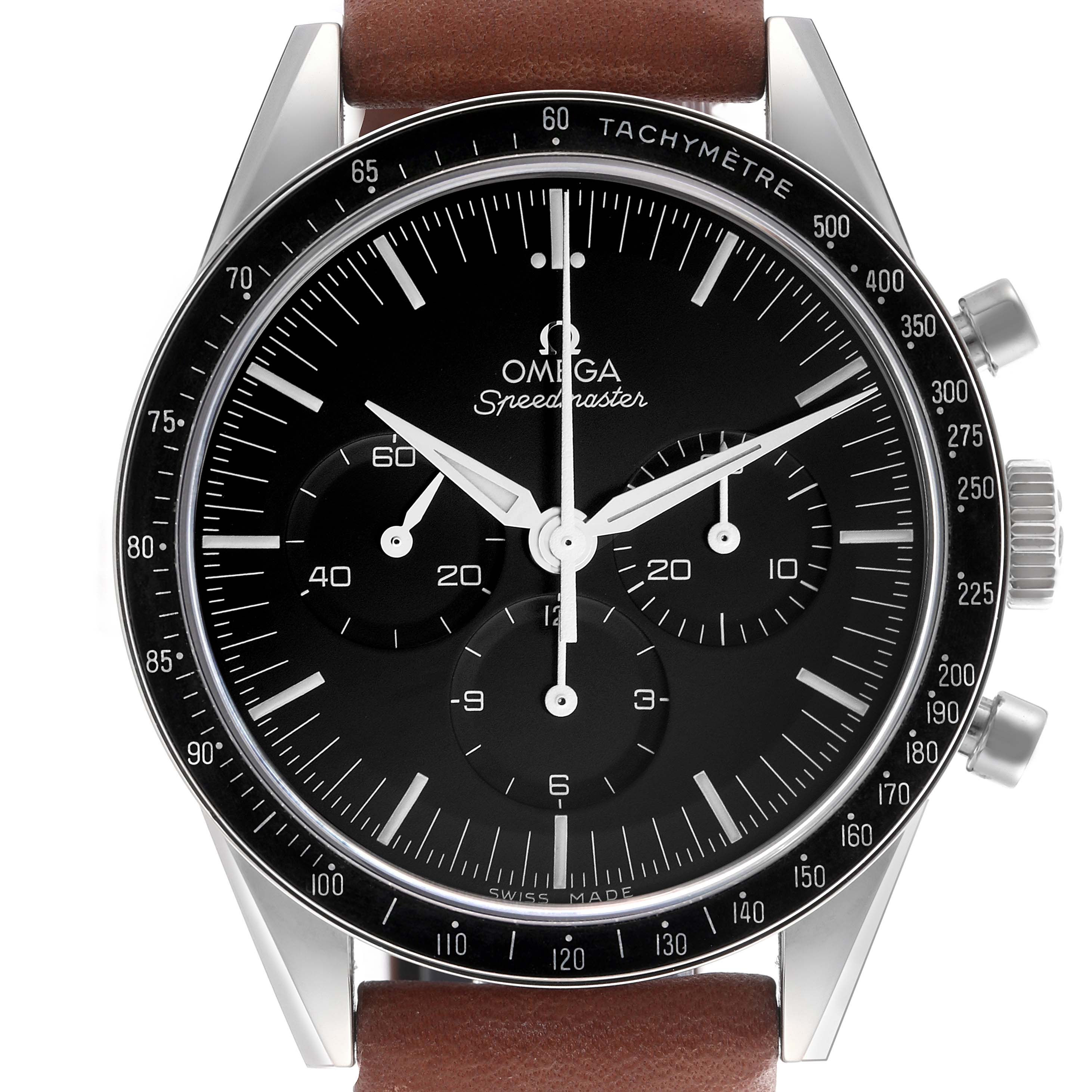 The Omega Speedmaster 311.32.40.30.01.001 Men's Stainless Steel Black Dial 311.32.40.30.01.001 Men's Stainless Steel Black Dial watch is shown from a frontal angle, displaying the dial, bezel, crown, and pushers.
