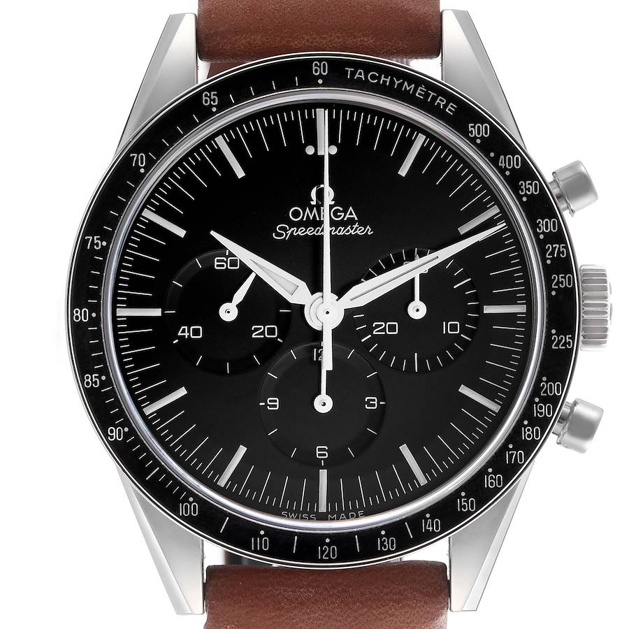 The Omega Speedmaster watch is shown from a frontal angle, displaying the dial, bezel, crown, and pushers.