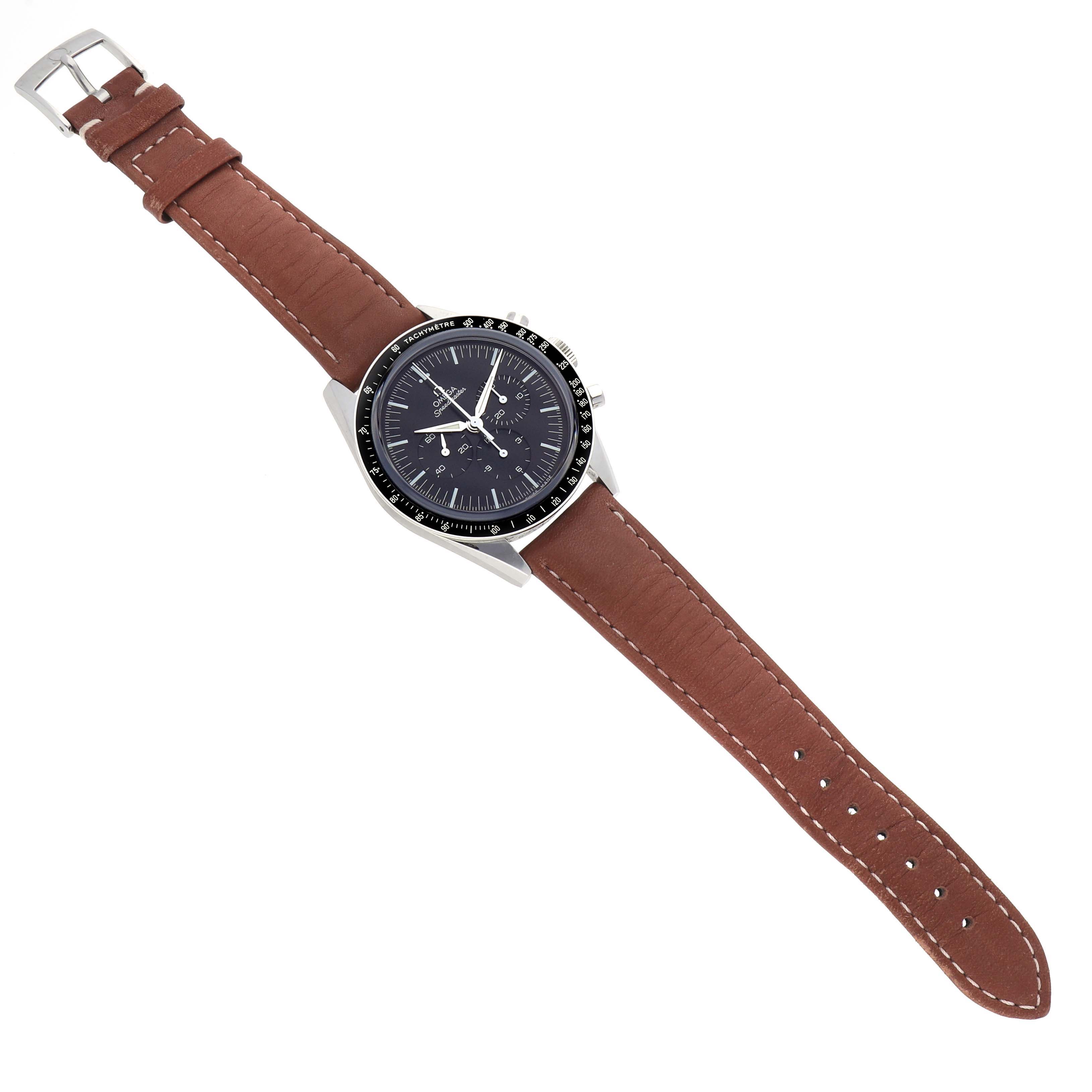 The Omega Speedmaster 311.32.40.30.01.001 Men's Stainless Steel Black Dial 311.32.40.30.01.001 Men's Stainless Steel Black Dial watch is shown from a top-down angle, highlighting its dial, bezel, case, and brown leather strap.