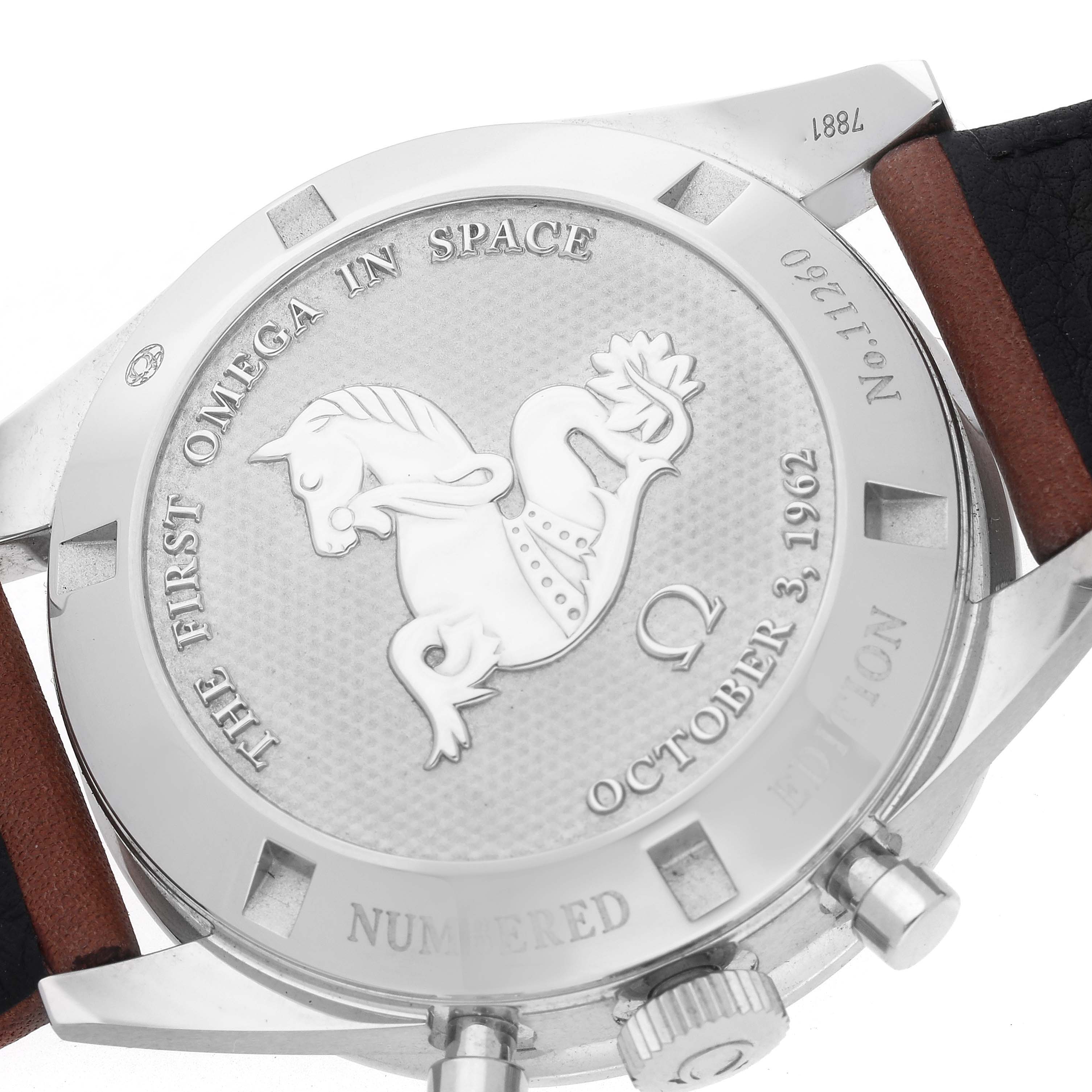 The image shows the back case of an Omega Speedmaster 311.32.40.30.01.001 Men's Stainless Steel Black Dial 311.32.40.30.01.001 Men's Stainless Steel Black Dial watch, highlighting the engraved logo and strap attachment.