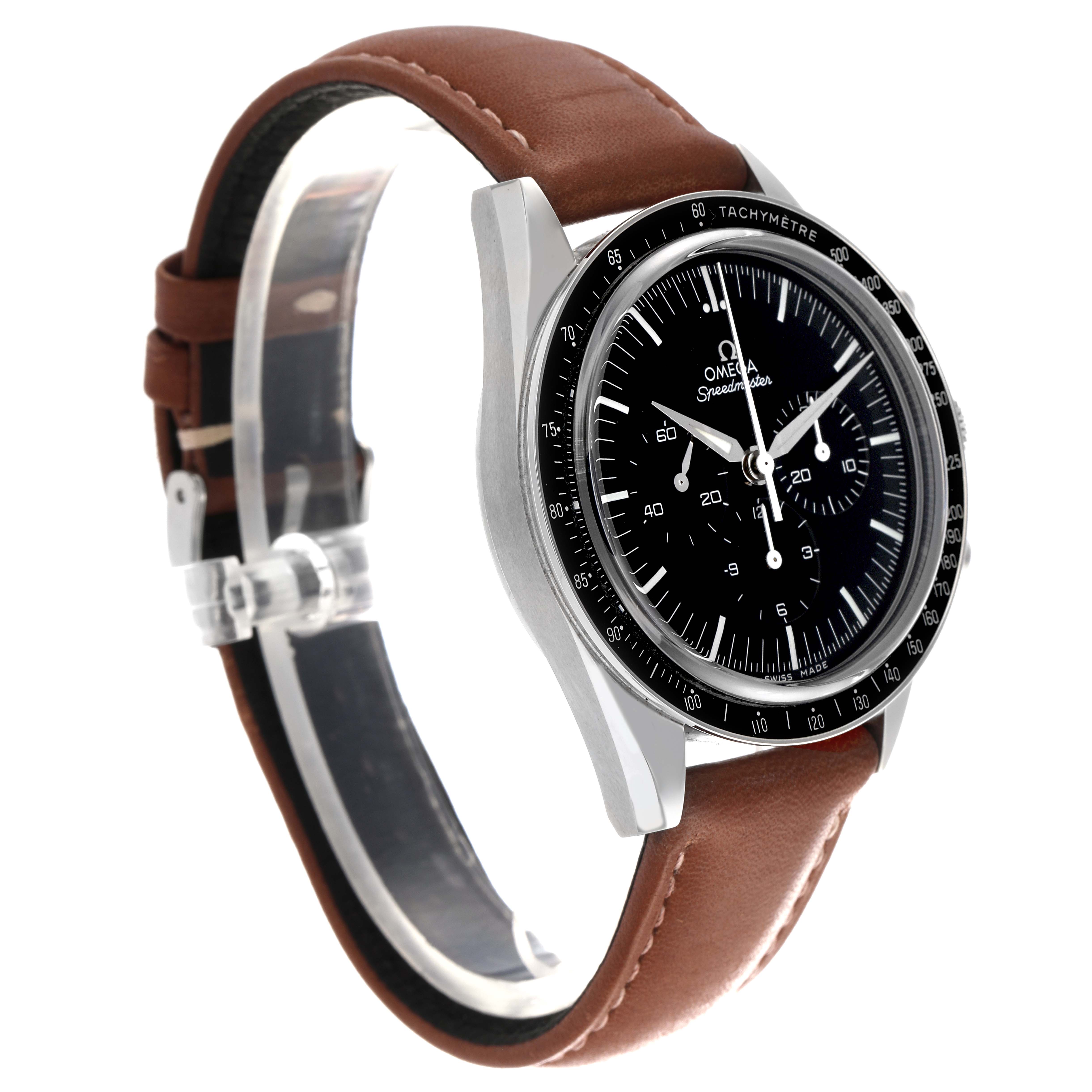 The Omega Speedmaster 311.32.40.30.01.001 Men's Stainless Steel Black Dial 311.32.40.30.01.001 Men's Stainless Steel Black Dial watch is angled to show the face, bezel, side profile, and leather strap.