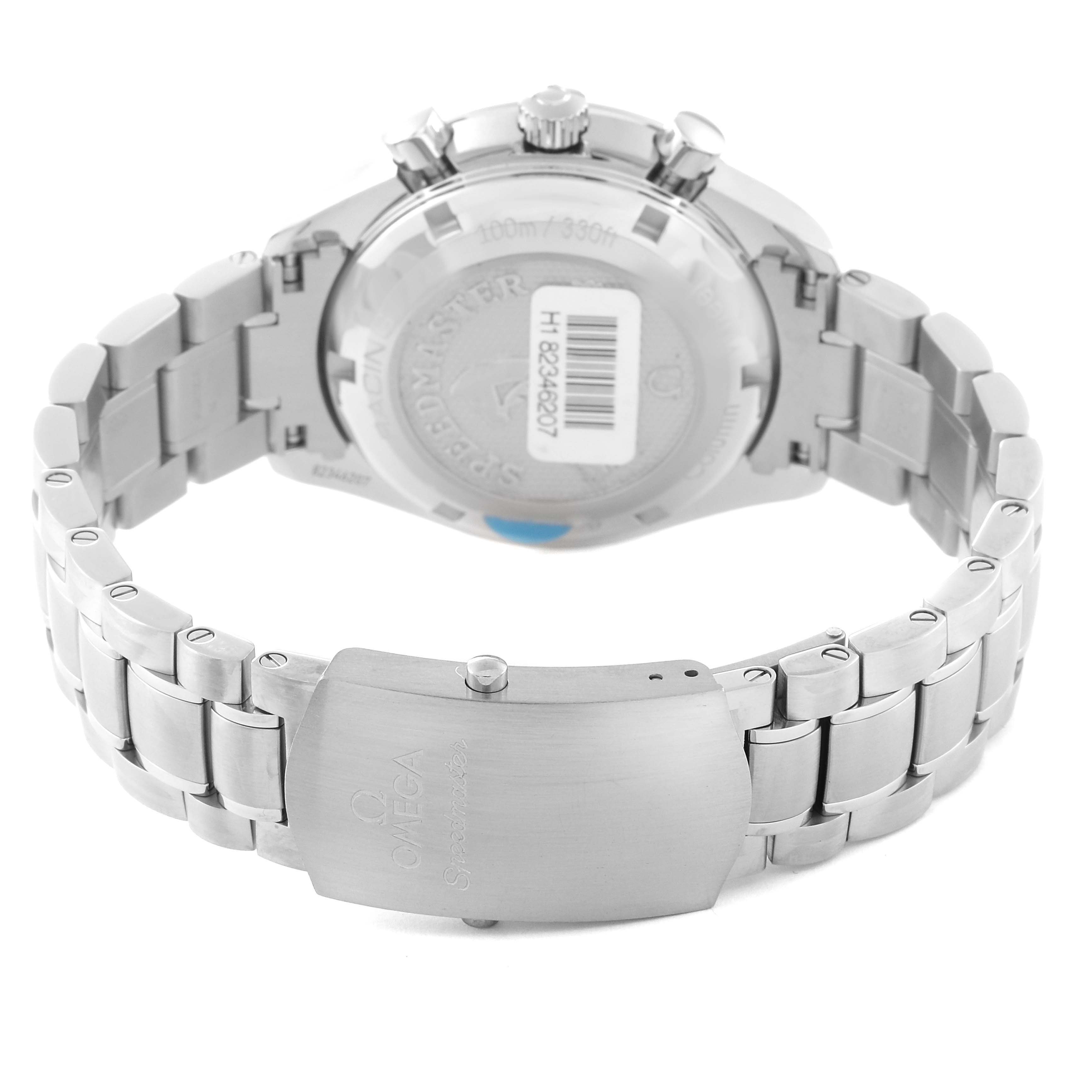 The image shows the back case, clasp, and part of the bracelet of the Omega Speedmaster 326.30.40.50.02.001 Men
s Stainless Steel Silver Dial 326.30.40.50.02.001 Men
s Stainless Steel Silver Dial watch from a rear angle.