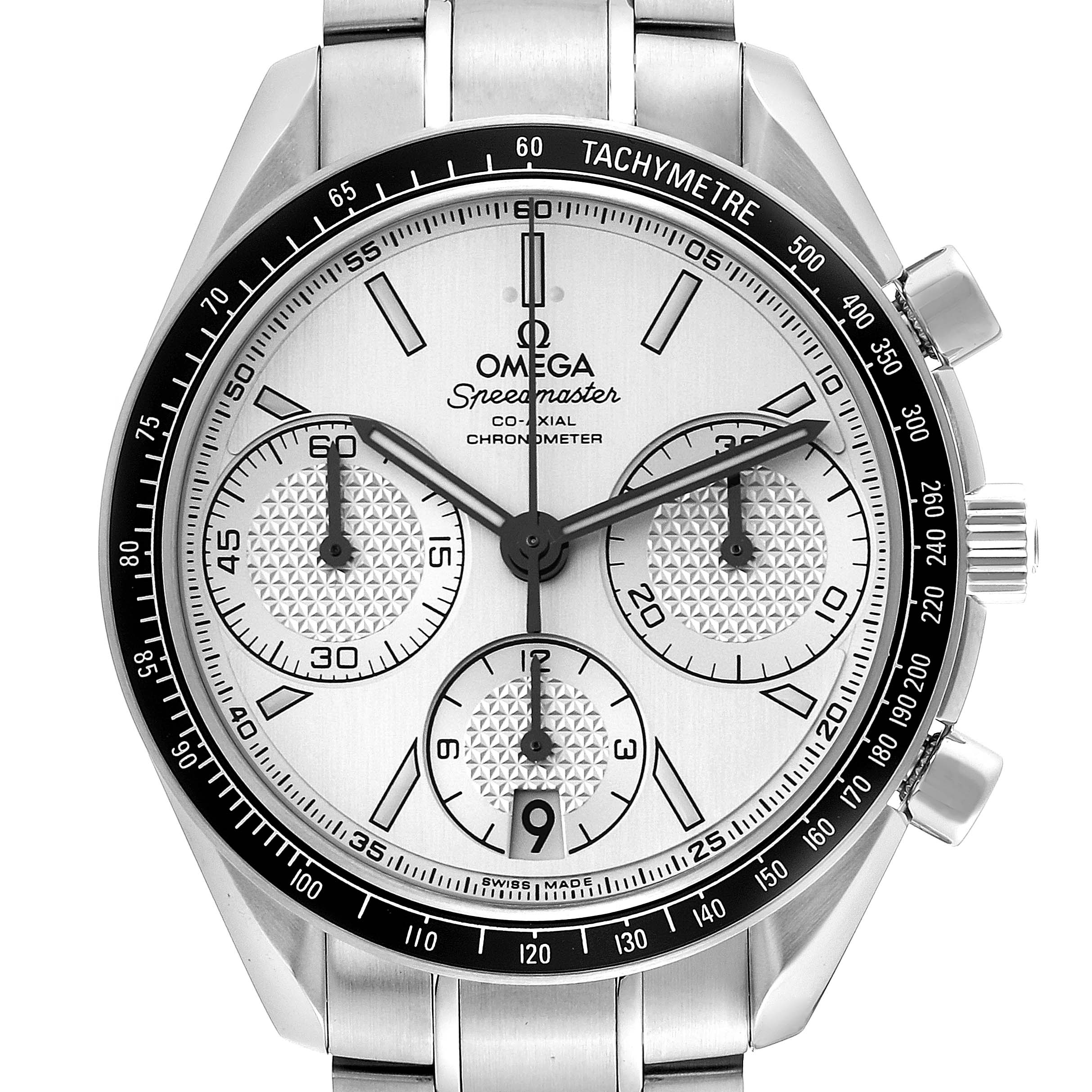 This image shows a front view of the Omega Speedmaster 326.30.40.50.02.001 Men
s Stainless Steel Silver Dial 326.30.40.50.02.001 Men
s Stainless Steel Silver Dial watch, highlighting the dial, bezel, and chronograph sub-dials.