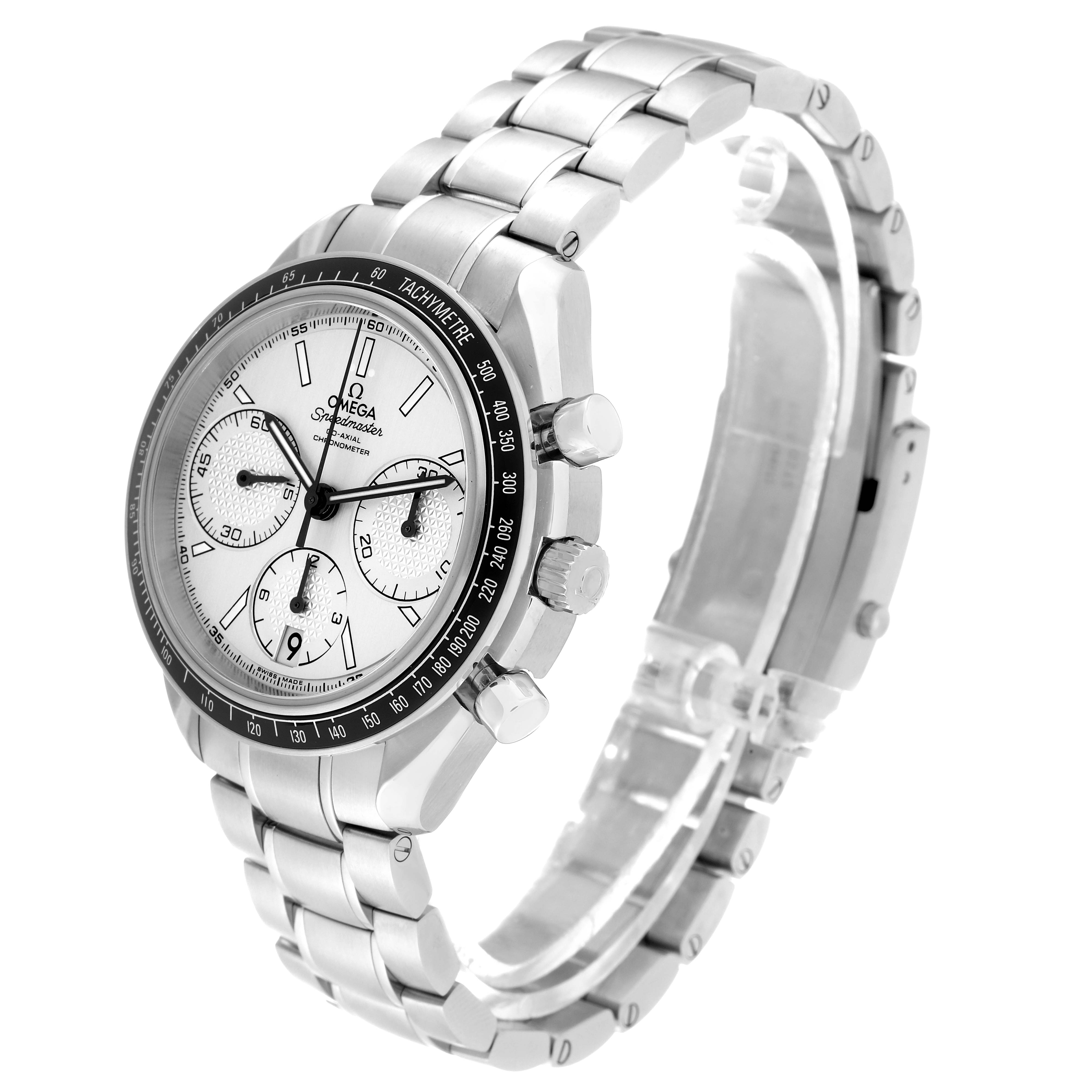 The Omega Speedmaster 326.30.40.50.02.001 Men
s Stainless Steel Silver Dial 326.30.40.50.02.001 Men
s Stainless Steel Silver Dial watch is shown at a three-quarter angle, displaying the face, bracelet, and side pushers.