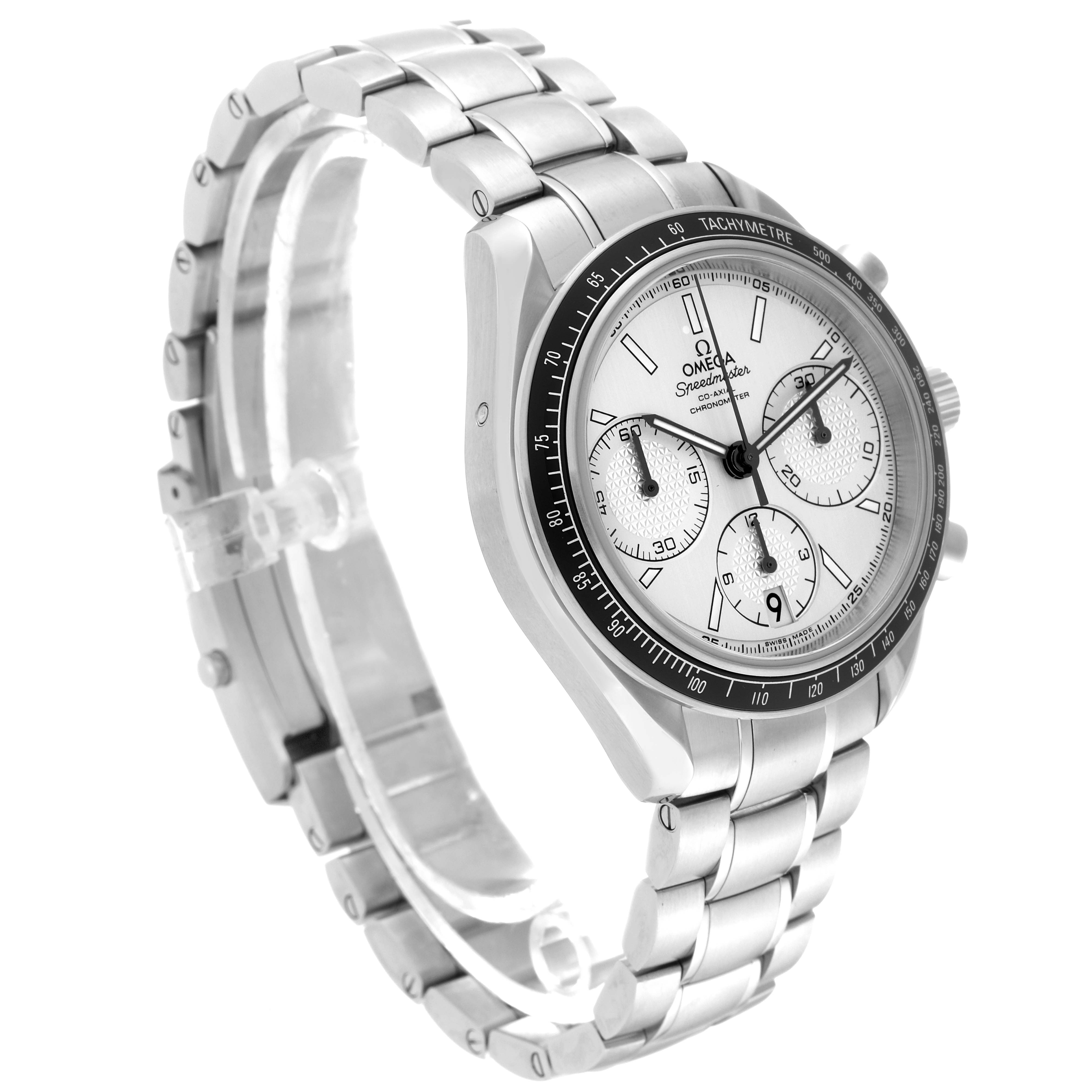 The image shows a left side angle of an Omega Speedmaster 326.30.40.50.02.001 Men
s Stainless Steel Silver Dial 326.30.40.50.02.001 Men
s Stainless Steel Silver Dial watch highlighting its bezel, dial, sub-dials, and bracelet.