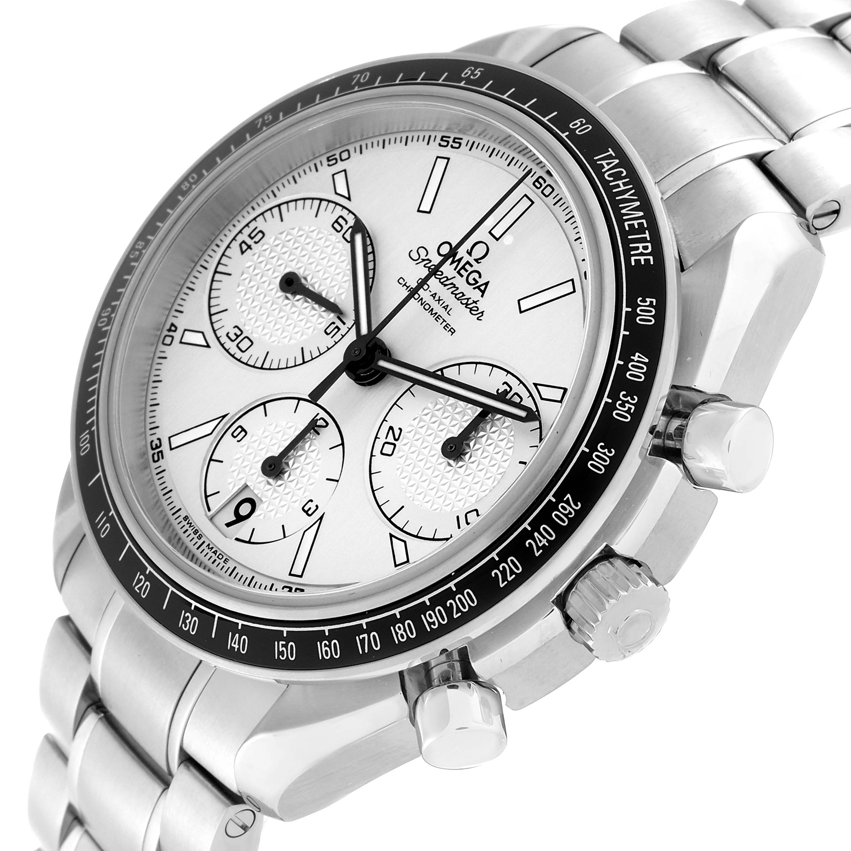 The image shows an Omega Speedmaster 326.30.40.50.02.001 Men
s Stainless Steel Silver Dial 326.30.40.50.02.001 Men
s Stainless Steel Silver Dial watch at an angled close-up, highlighting the dial, bezel, pushers, and part of the bracelet.