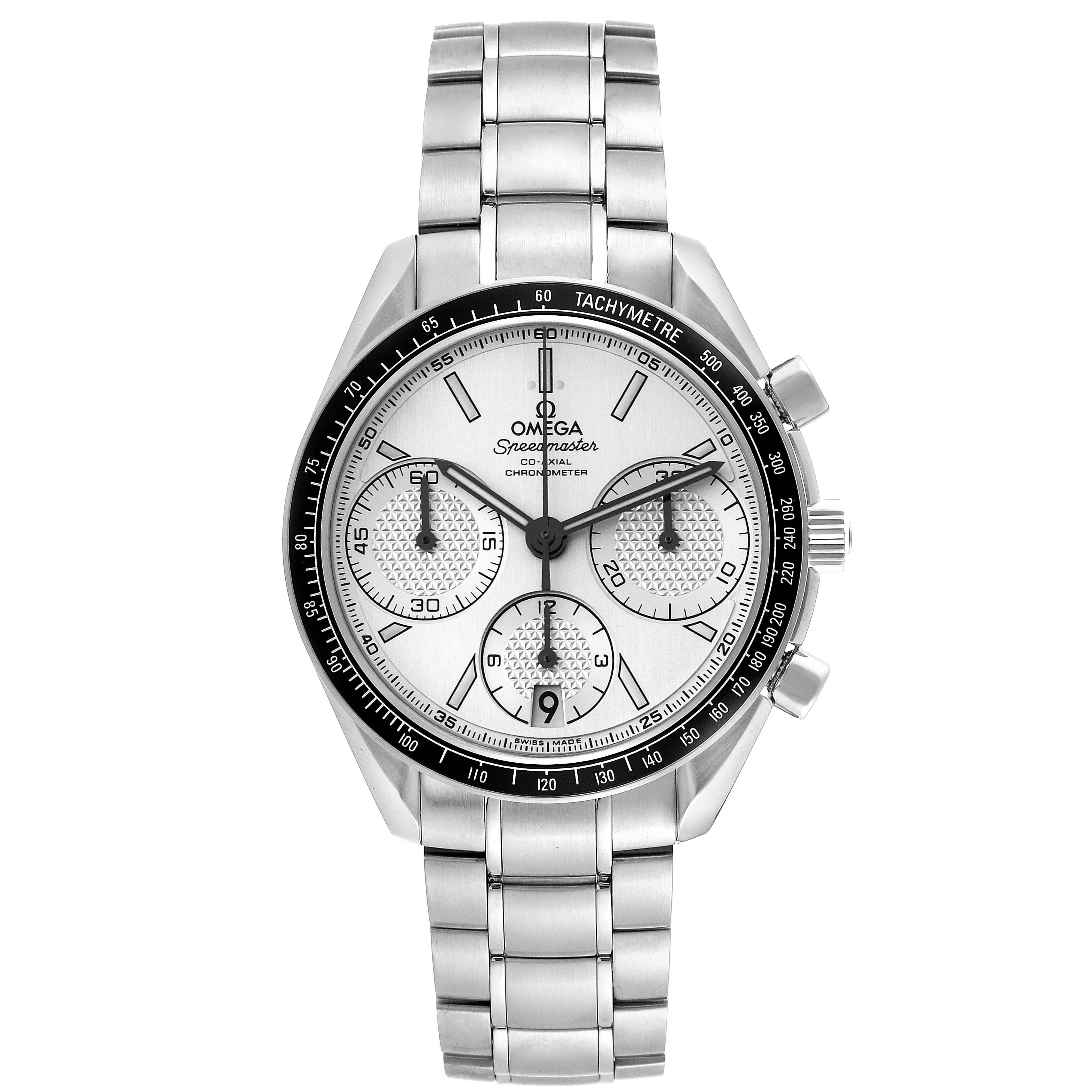 The Omega Speedmaster 326.30.40.50.02.001 Men
s Stainless Steel Silver Dial 326.30.40.50.02.001 Men
s Stainless Steel Silver Dial watch is shown from a top-down view, displaying its dial, chronograph subdials, tachymeter bezel, and metal bracelet.