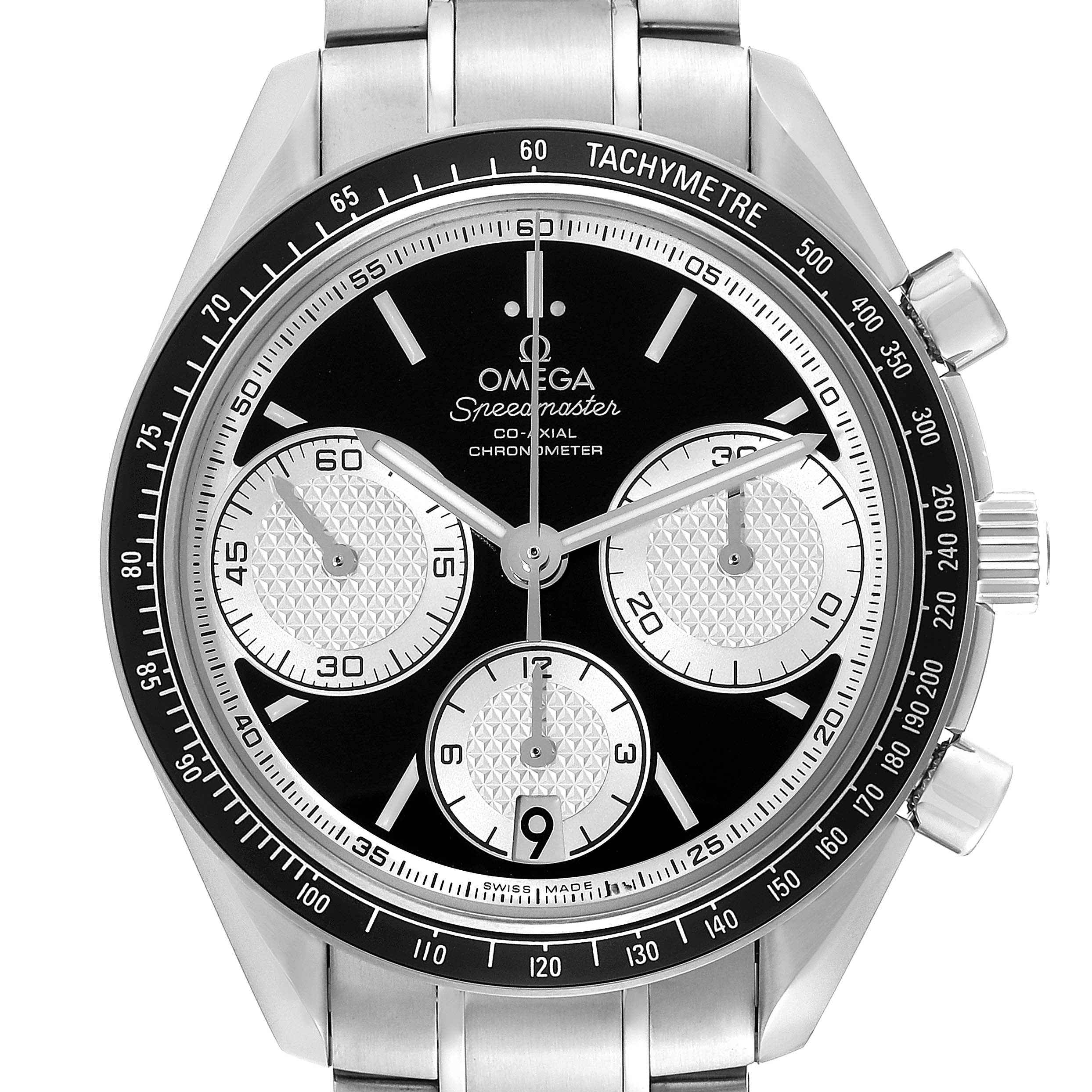 The image shows a front view of an Omega Speedmaster 326.30.40.50.01.002 Men
s Stainless Steel Black Dial 326.30.40.50.01.002 Men
s Stainless Steel Black Dial watch with a stainless steel bracelet and tachymeter bezel.