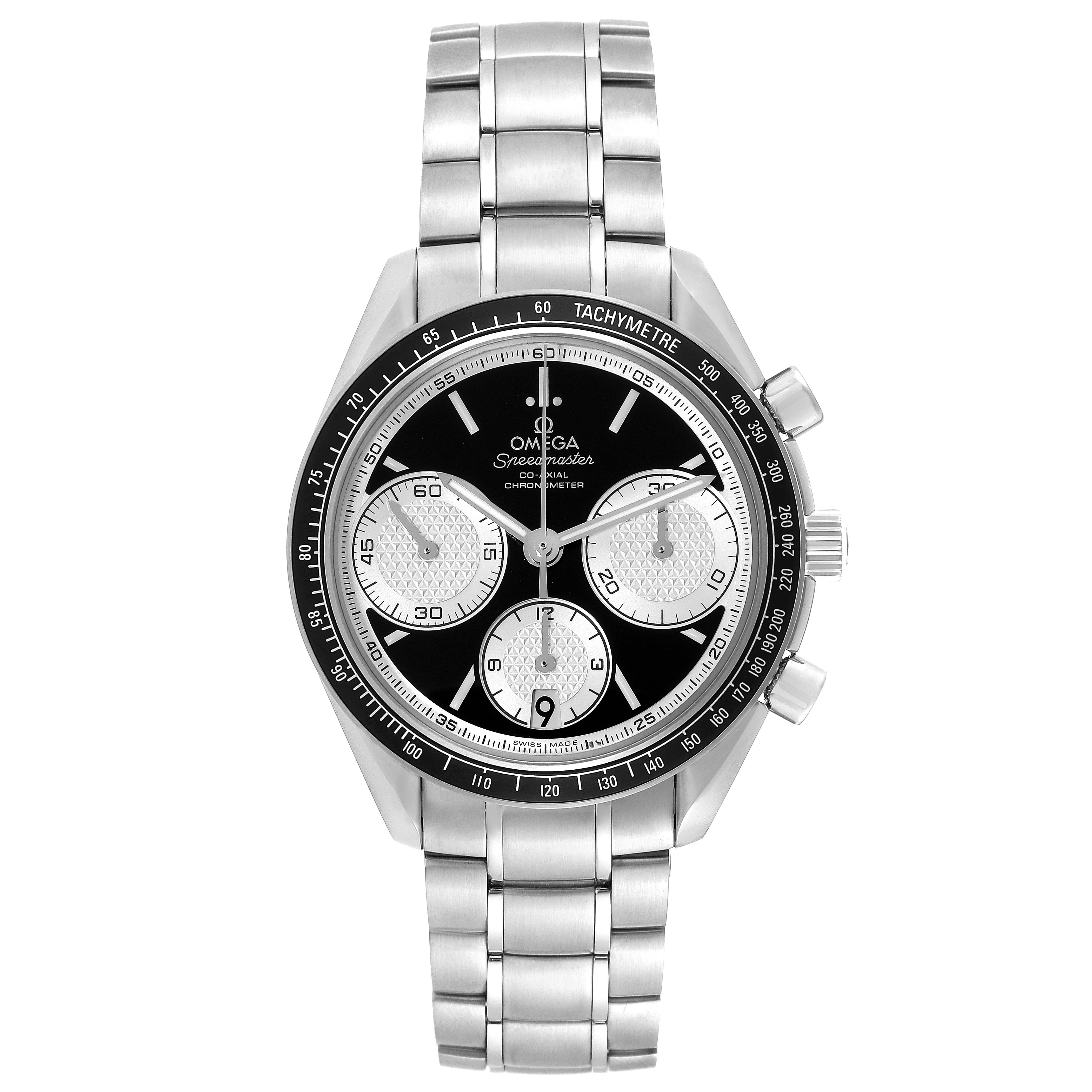 The Omega Speedmaster 326.30.40.50.01.002 Men
s Stainless Steel Black Dial 326.30.40.50.01.002 Men
s Stainless Steel Black Dial watch is shown from a frontal angle, displaying the face, dial, and stainless steel bracelet.