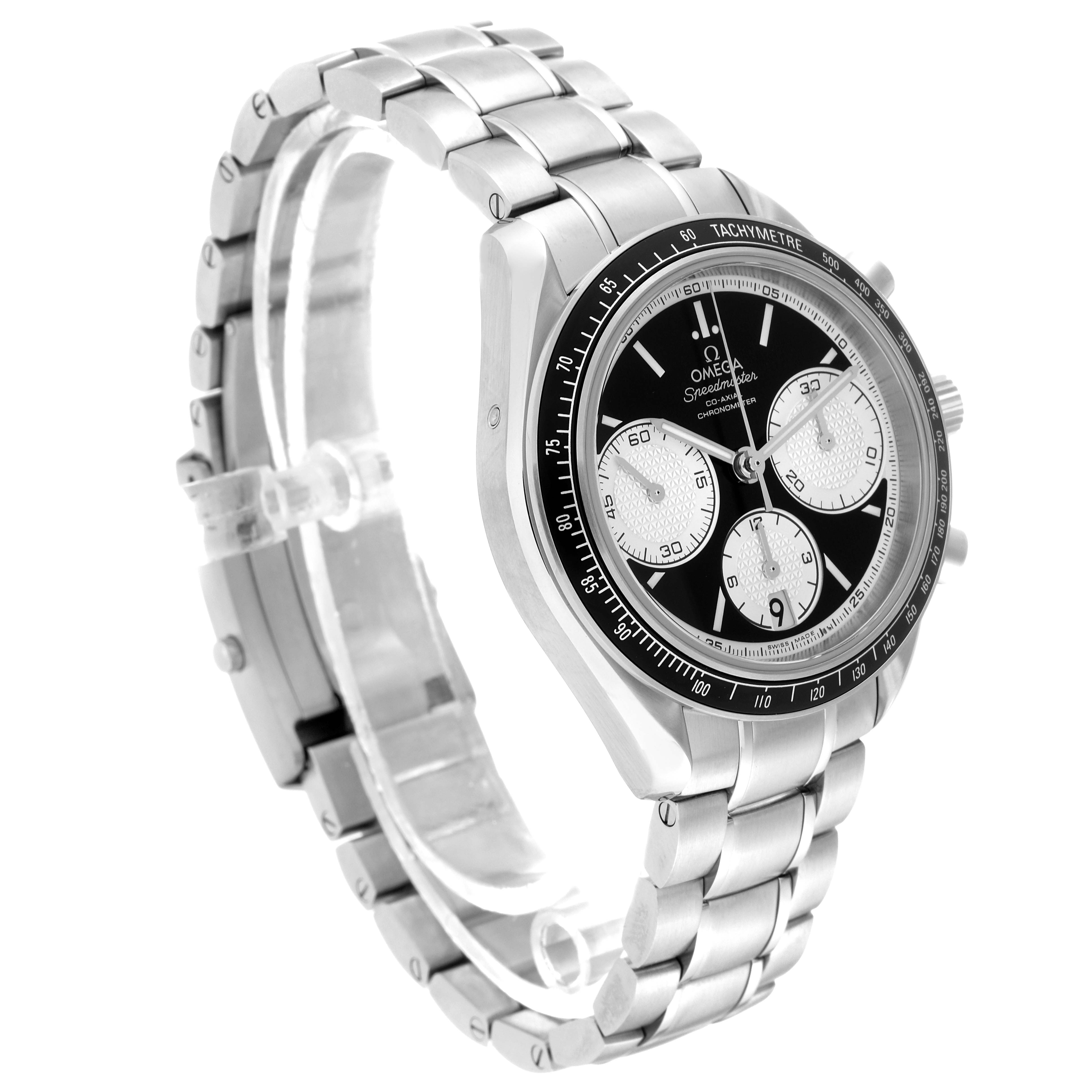 The Omega Speedmaster 326.30.40.50.01.002 Men
s Stainless Steel Black Dial 326.30.40.50.01.002 Men
s Stainless Steel Black Dial watch is shown from a three-quarter angle, highlighting its face, bezel, and metal bracelet.