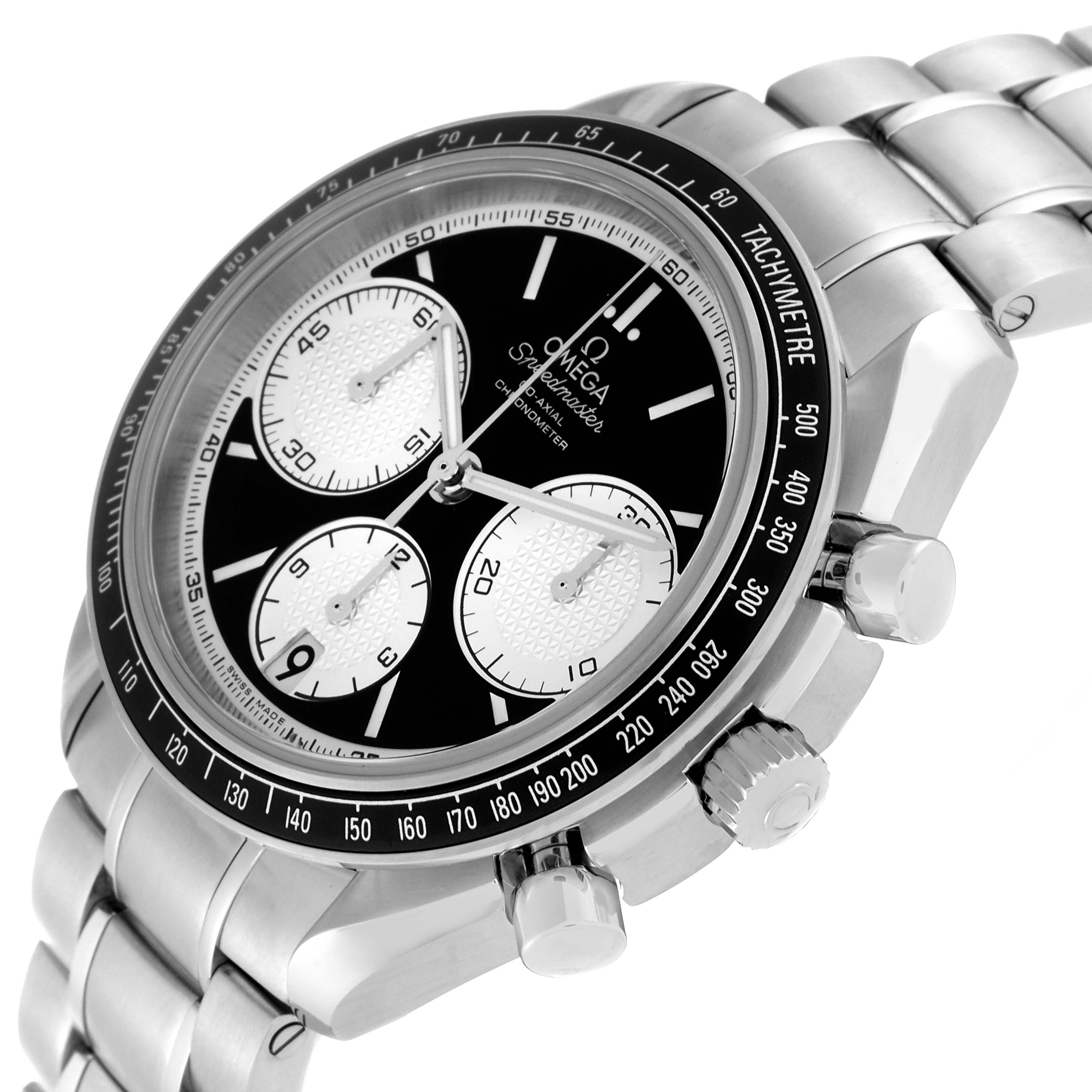 This image shows an Omega Speedmaster 326.30.40.50.01.002 Men
s Stainless Steel Black Dial 326.30.40.50.01.002 Men
s Stainless Steel Black Dial watch at an angled view, highlighting the dial, tachymeter bezel, and bracelet.