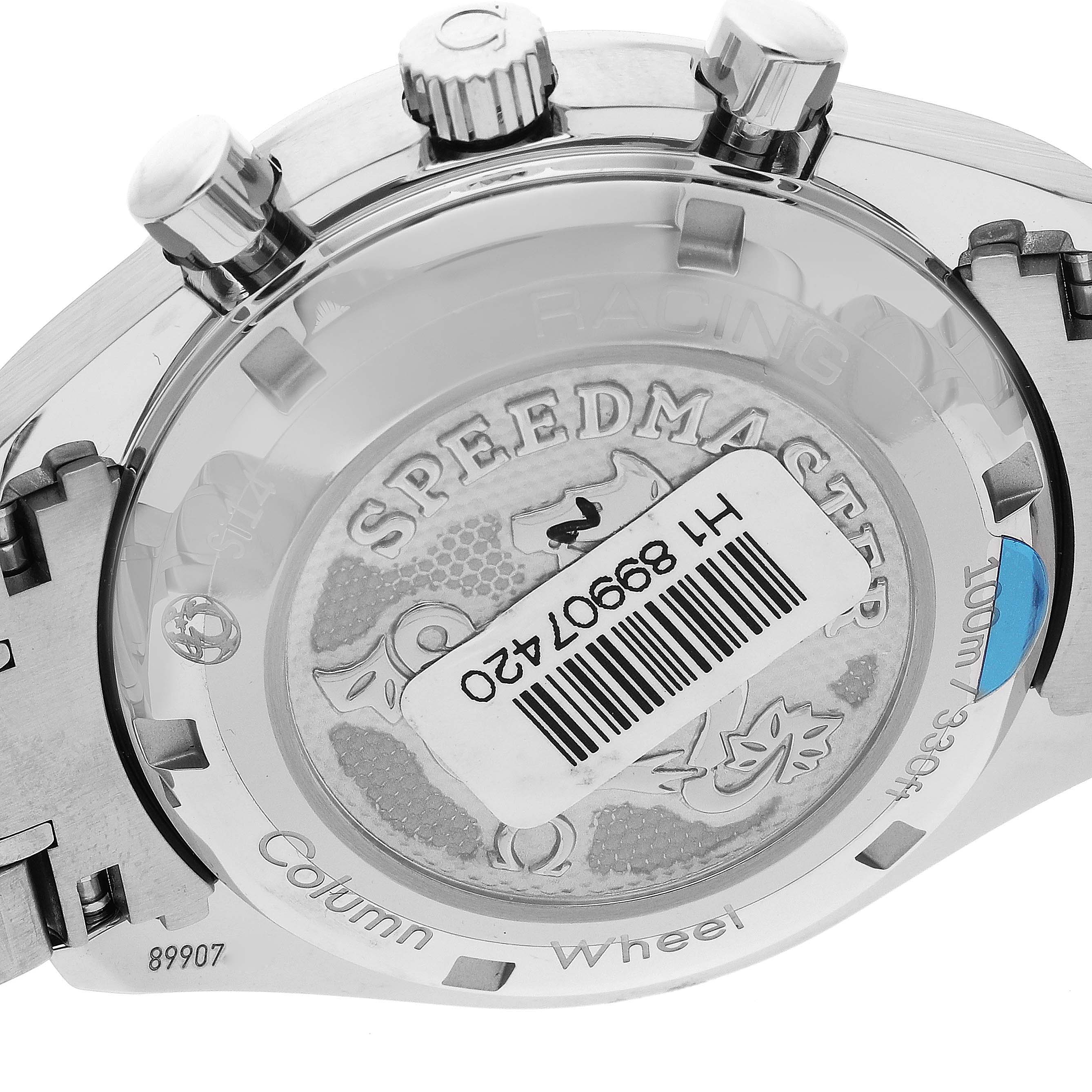 The image shows the back of an Omega Speedmaster 326.30.40.50.01.002 Men
s Stainless Steel Black Dial 326.30.40.50.01.002 Men
s Stainless Steel Black Dial watch, highlighting the case back, pushers, and crown.