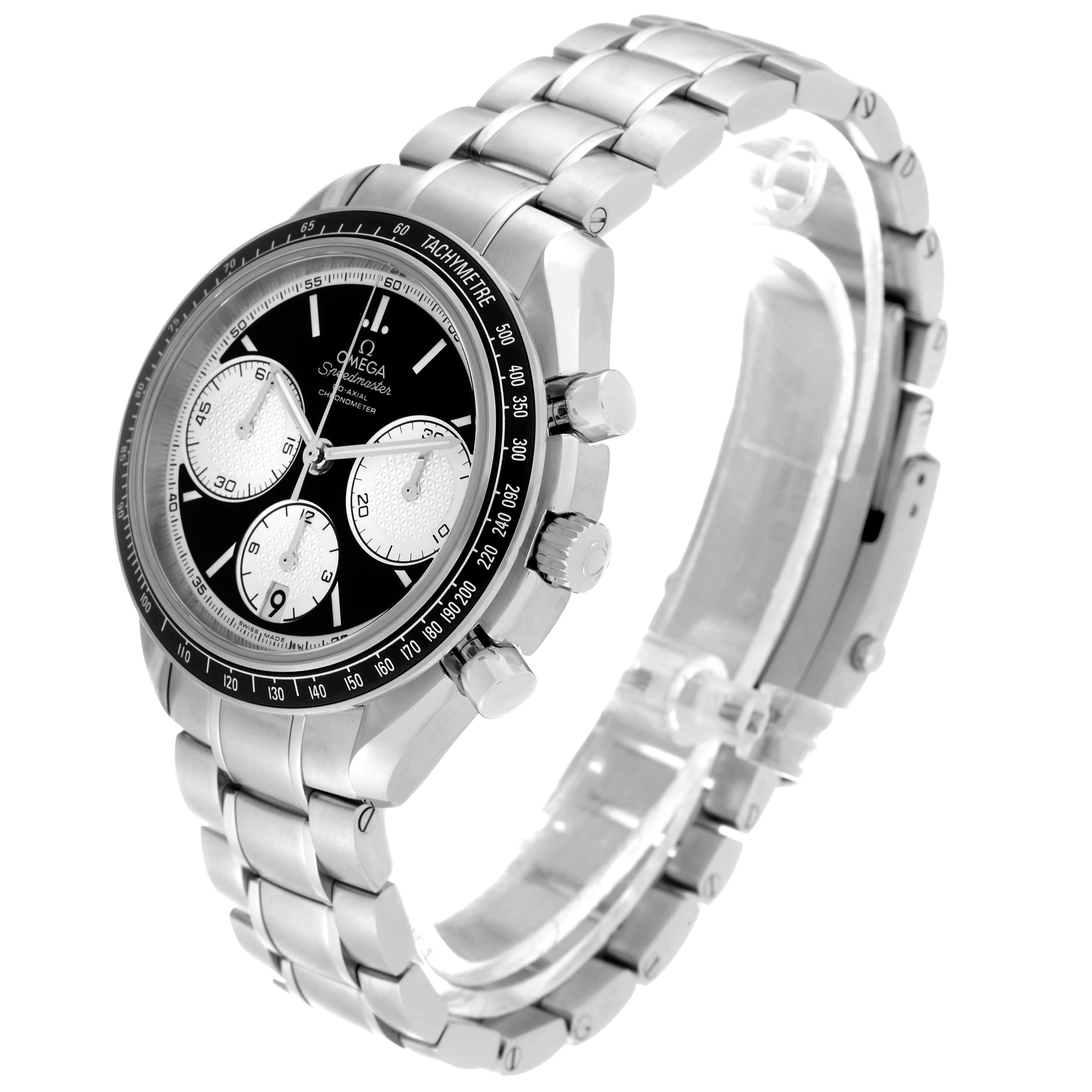 The image shows an Omega Speedmaster 326.30.40.50.01.002 Men
s Stainless Steel Black Dial 326.30.40.50.01.002 Men
s Stainless Steel Black Dial watch at a three-quarter angle, highlighting the bracelet, case, and dial.