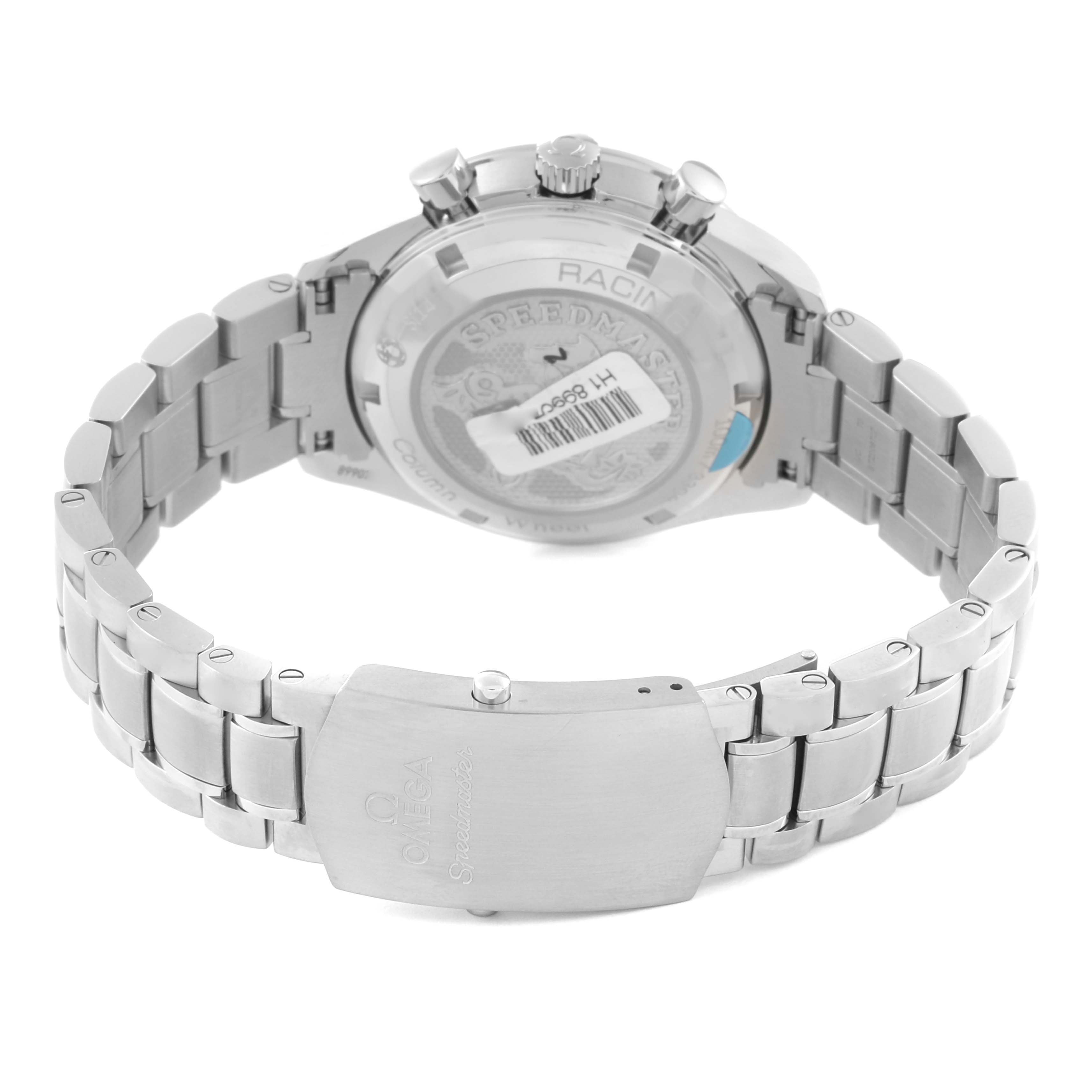 The image shows the back side of the Omega Speedmaster 326.30.40.50.01.002 Men
s Stainless Steel Black Dial 326.30.40.50.01.002 Men
s Stainless Steel Black Dial watch, highlighting the clasp, bracelet, and case back.