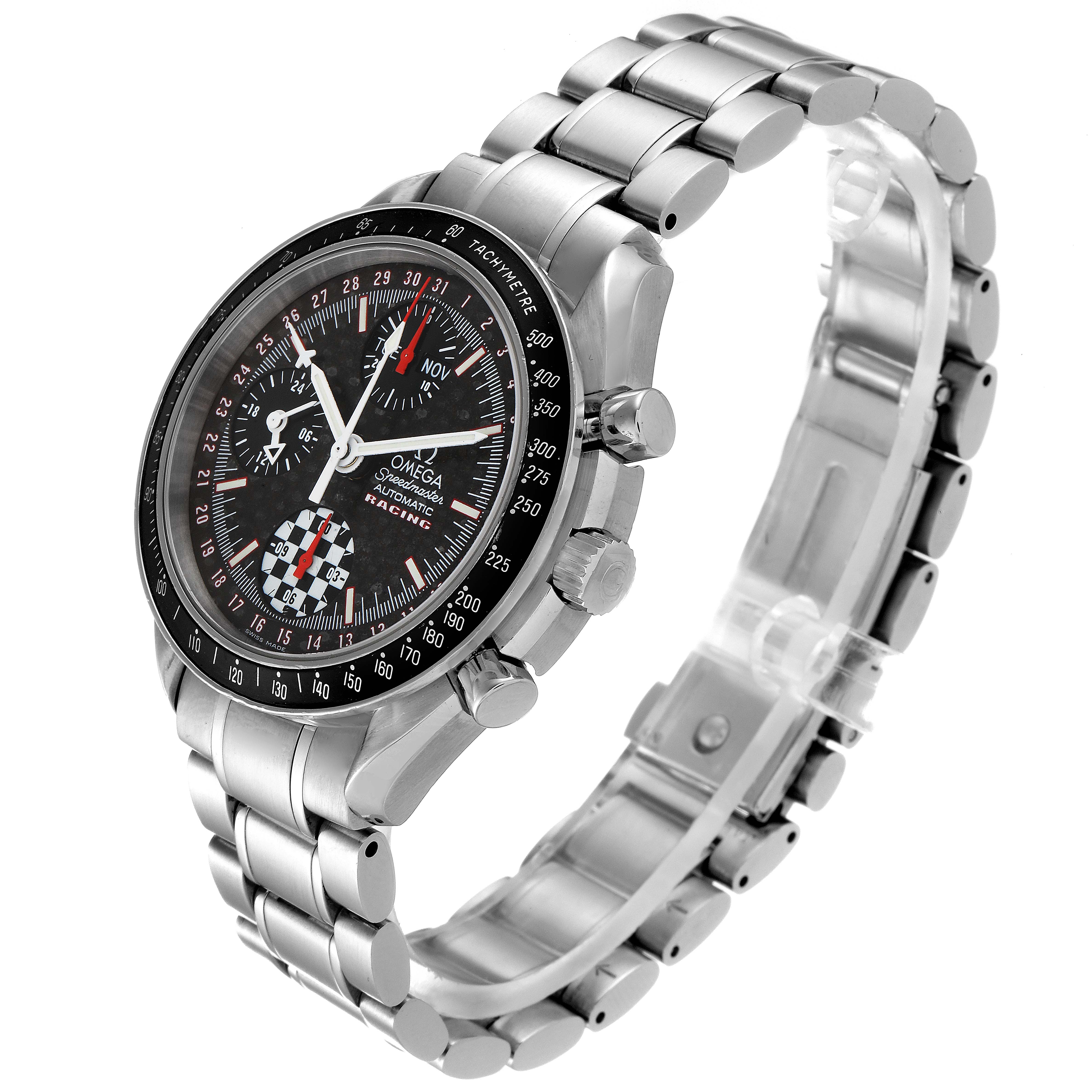 The Omega Speedmaster 3529.50.00 Men
s Stainless Steel Black Dial 3529.50.00 Men
s Stainless Steel Black Dial watch is shown at a side angle, highlighting its dial, bezel, and stainless steel bracelet.