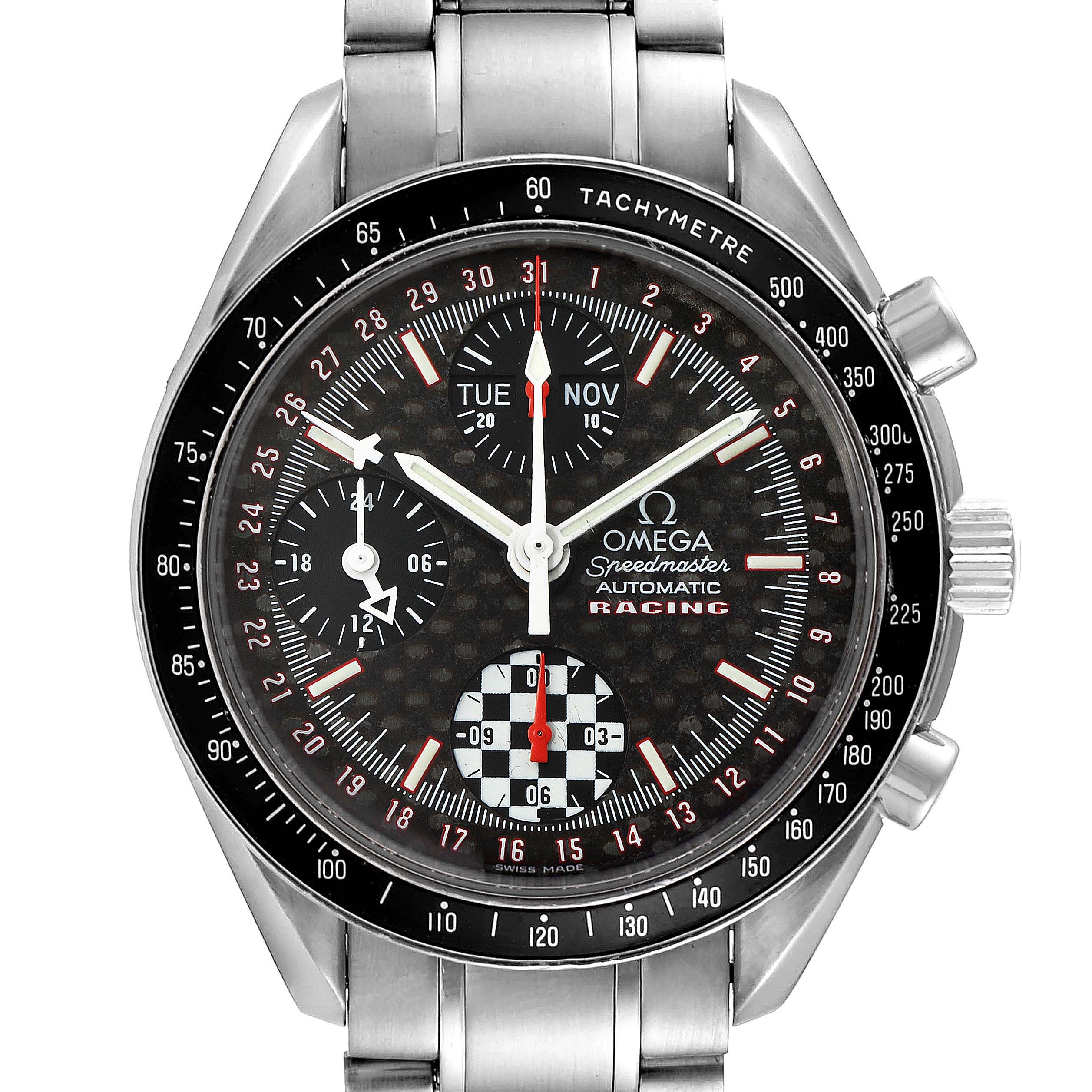 The image shows a front-facing view of an Omega Speedmaster 3529.50.00 Men
s Stainless Steel Black Dial 3529.50.00 Men
s Stainless Steel Black Dial Racing watch with a complete display of its face and bracelet.