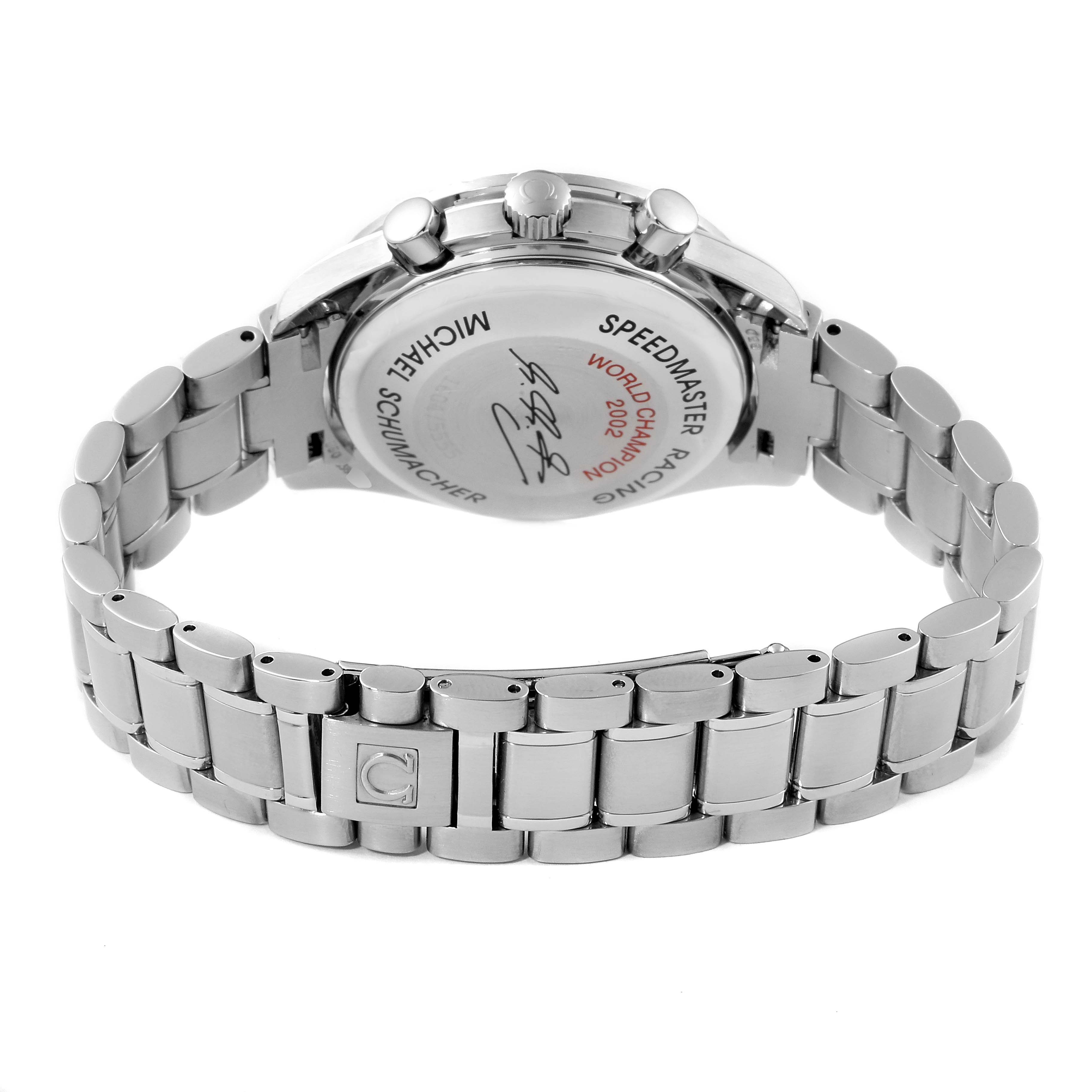 The image shows the back view of an Omega Speedmaster 3529.50.00 Men
s Stainless Steel Black Dial 3529.50.00 Men
s Stainless Steel Black Dial watch, focusing on the case back and stainless steel bracelet.