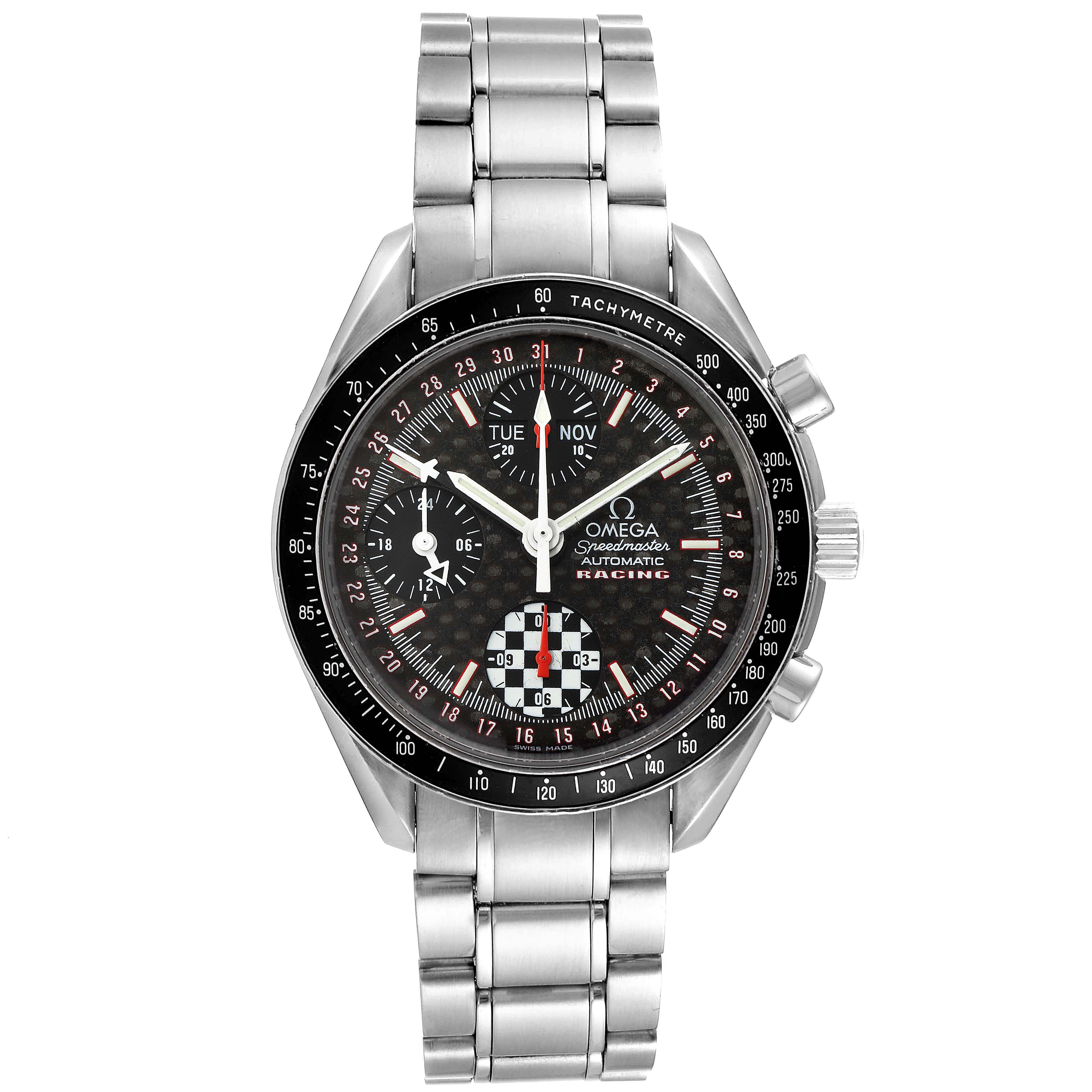 The image shows a front view of the Omega Speedmaster 3529.50.00 Men
s Stainless Steel Black Dial 3529.50.00 Men
s Stainless Steel Black Dial Racing watch, highlighting its dial, bezel, and metal bracelet.