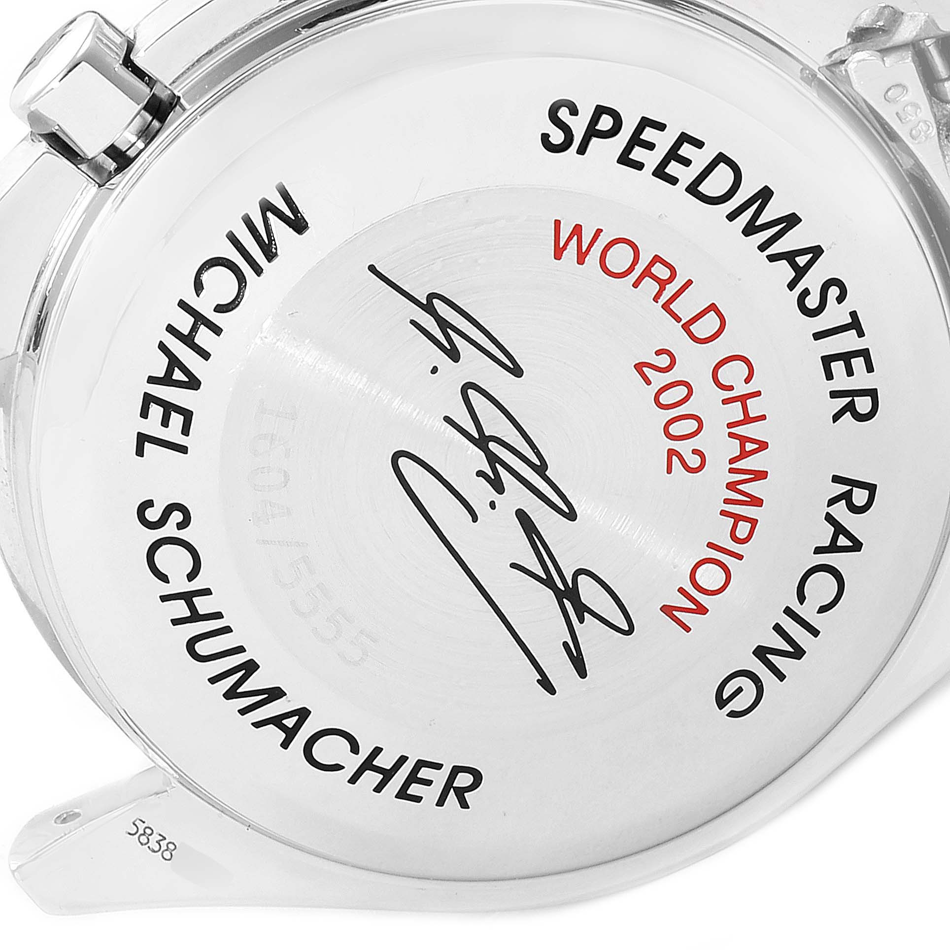 The image shows the back case of the Omega Speedmaster 3529.50.00 Men
s Stainless Steel Black Dial 3529.50.00 Men
s Stainless Steel Black Dial Racing watch, featuring an inscription and signature.