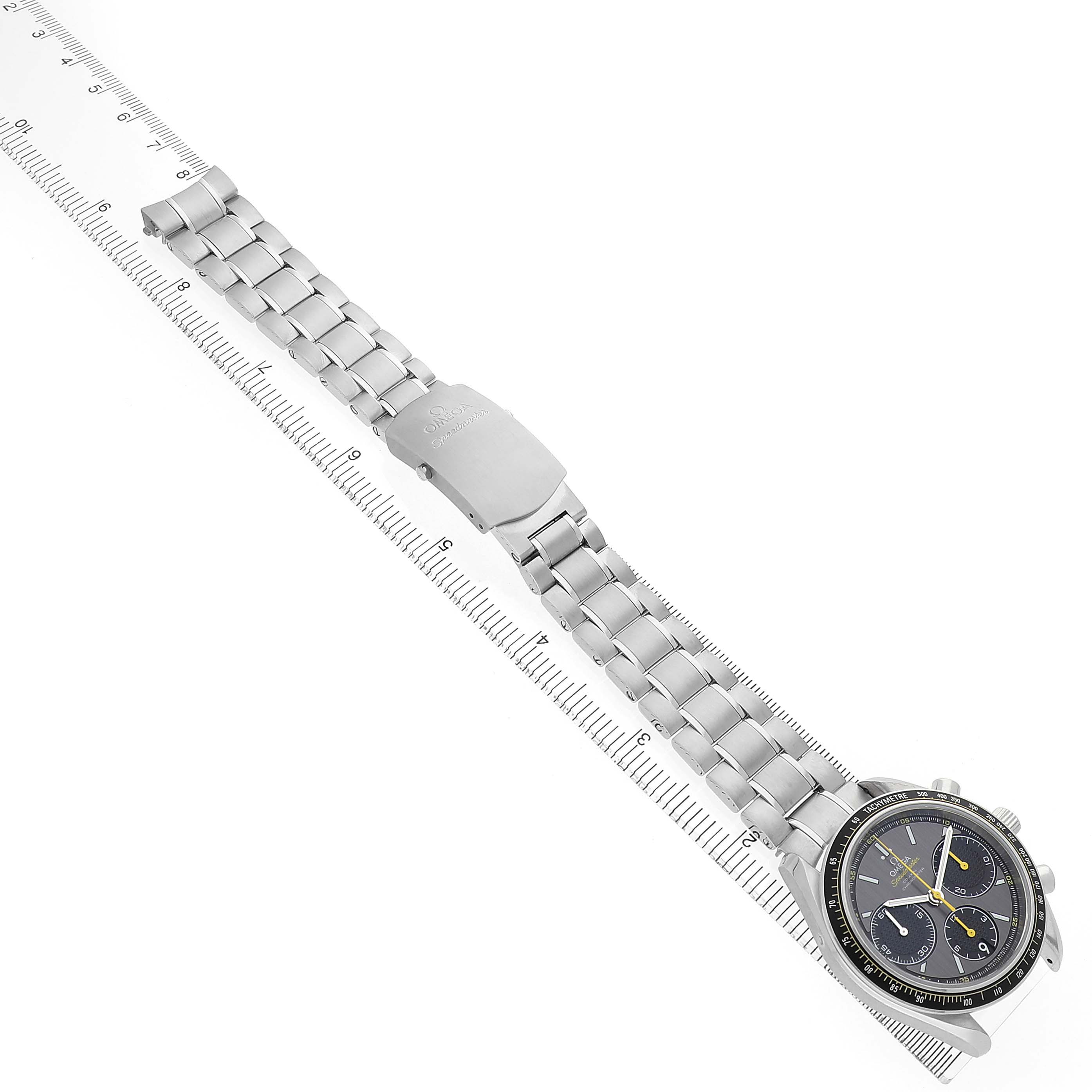 The Omega Speedmaster 326.30.40.50.06.001 Men's Stainless Steel Grey Dial watch is shown from an angled top view, highlighting the face, bezel, and full metal bracelet with clasp.