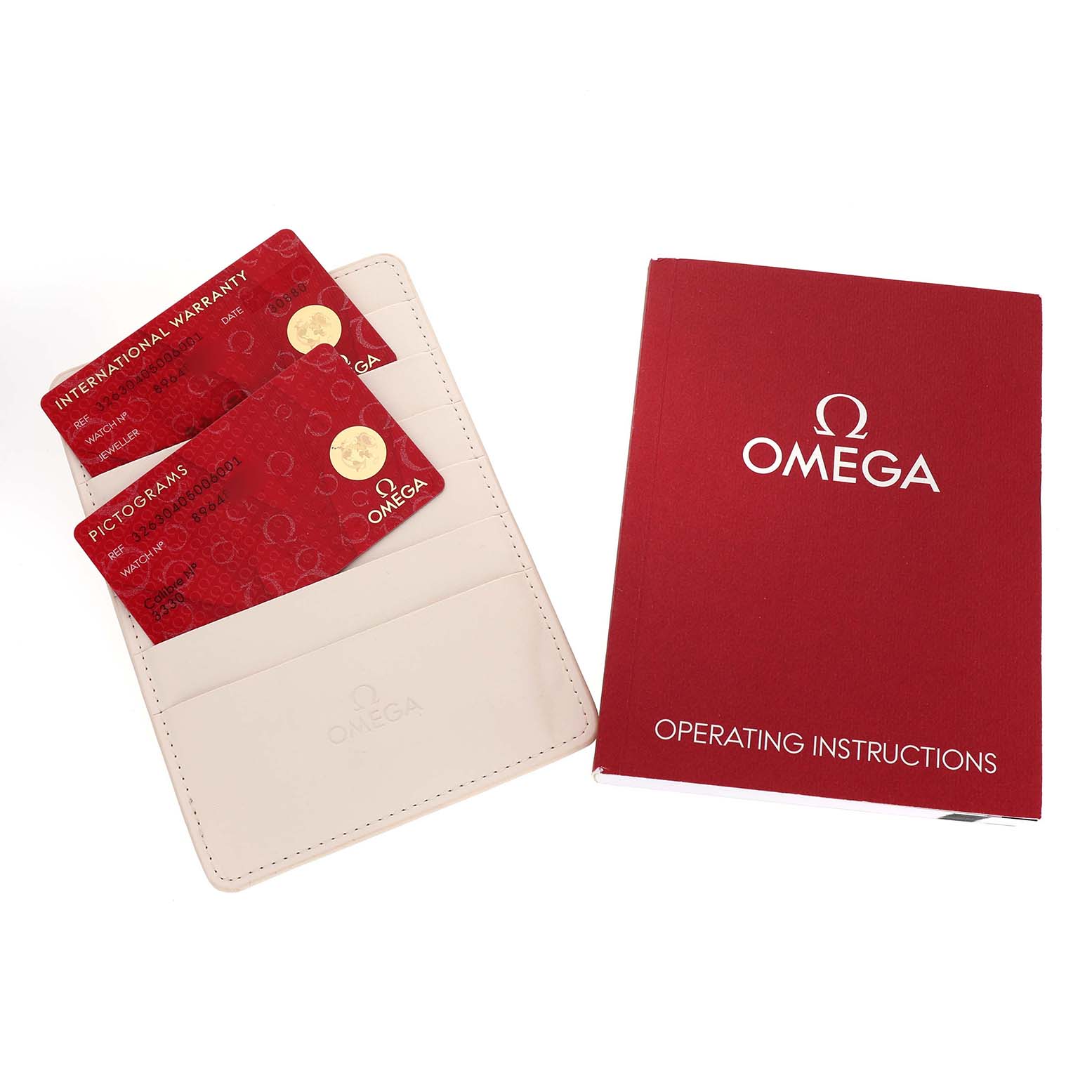 The image shows Omega Speedmaster 326.30.40.50.06.001 Men's Stainless Steel Grey Dial accessories, including warranty cards and an operating instructions booklet.