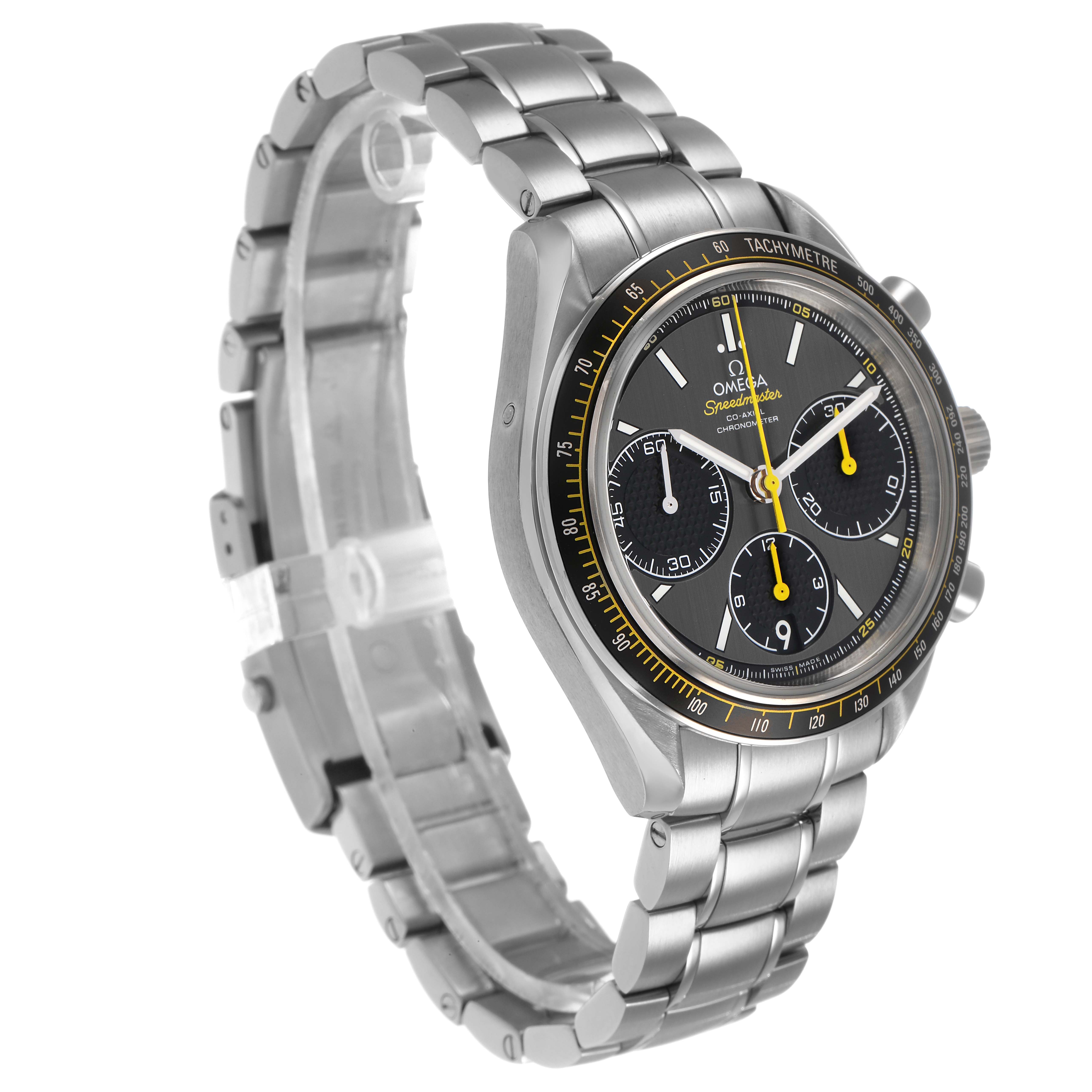 The Omega Speedmaster 326.30.40.50.06.001 Men's Stainless Steel Grey Dial is shown at a three-quarter angle, highlighting the dial, tachymeter bezel, and metal bracelet.