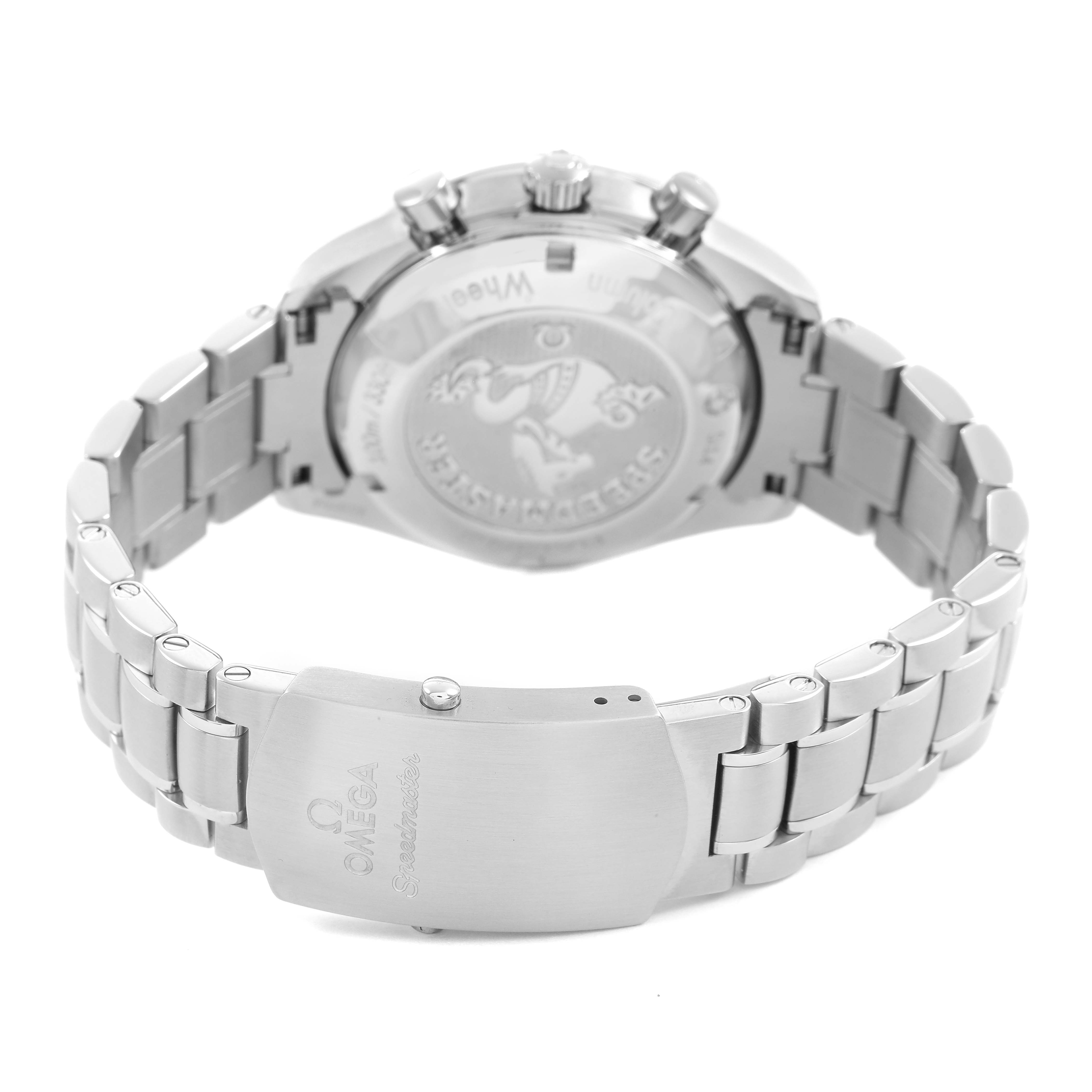 The image shows the Omega Speedmaster 326.30.40.50.06.001 Men's Stainless Steel Grey Dial's stainless steel bracelet, clasp, and case back from a rear angle.