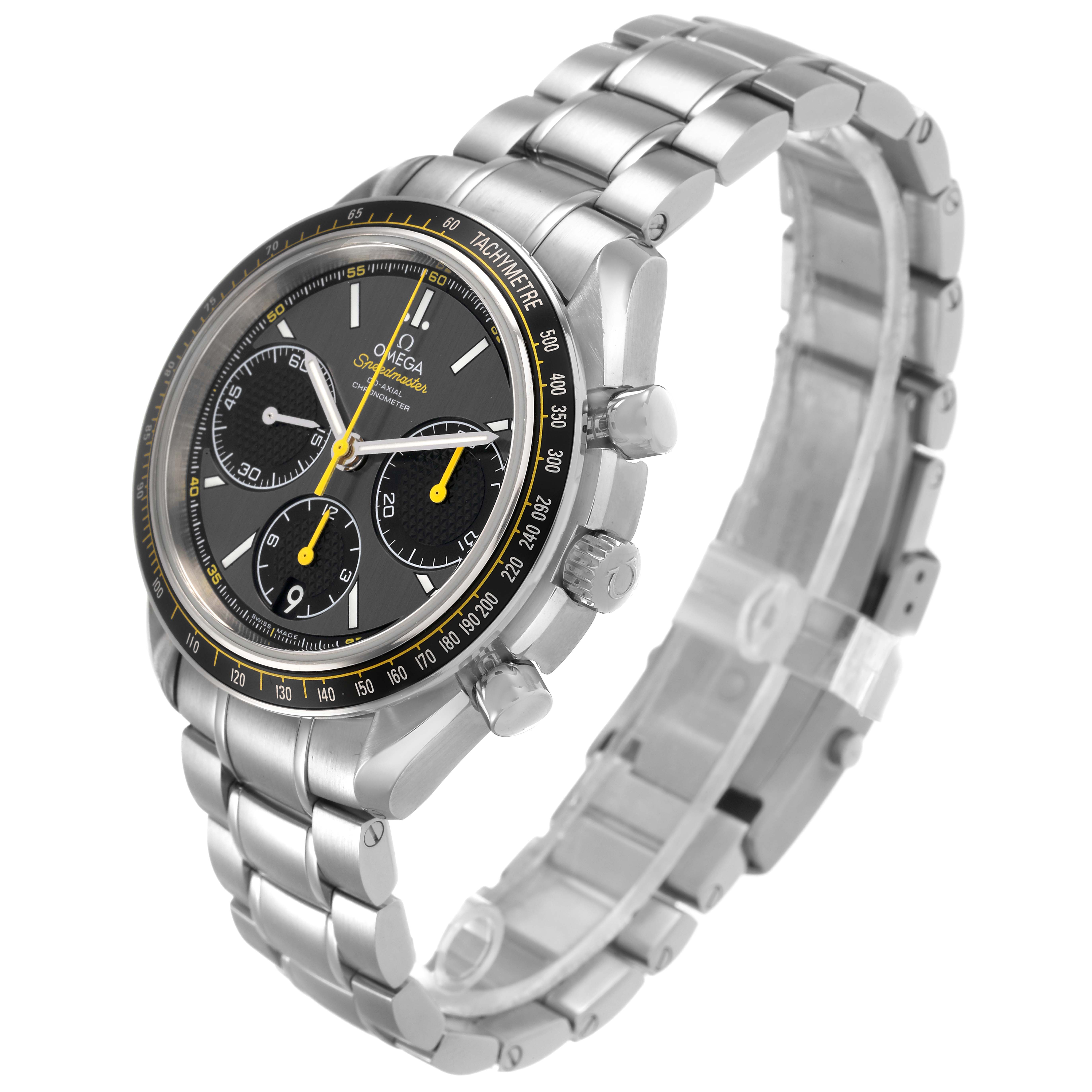 The Omega Speedmaster 326.30.40.50.06.001 Men's Stainless Steel Grey Dial watch is shown at a slight angle, highlighting the face, bezel, and metal bracelet.