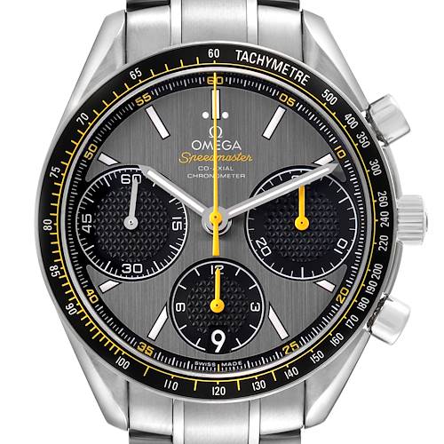 The Omega Speedmaster 326.30.40.50.06.001 Men's Stainless Steel Grey Dial watch is shown from a front angle, highlighting the dial, tachymeter, and subdials.