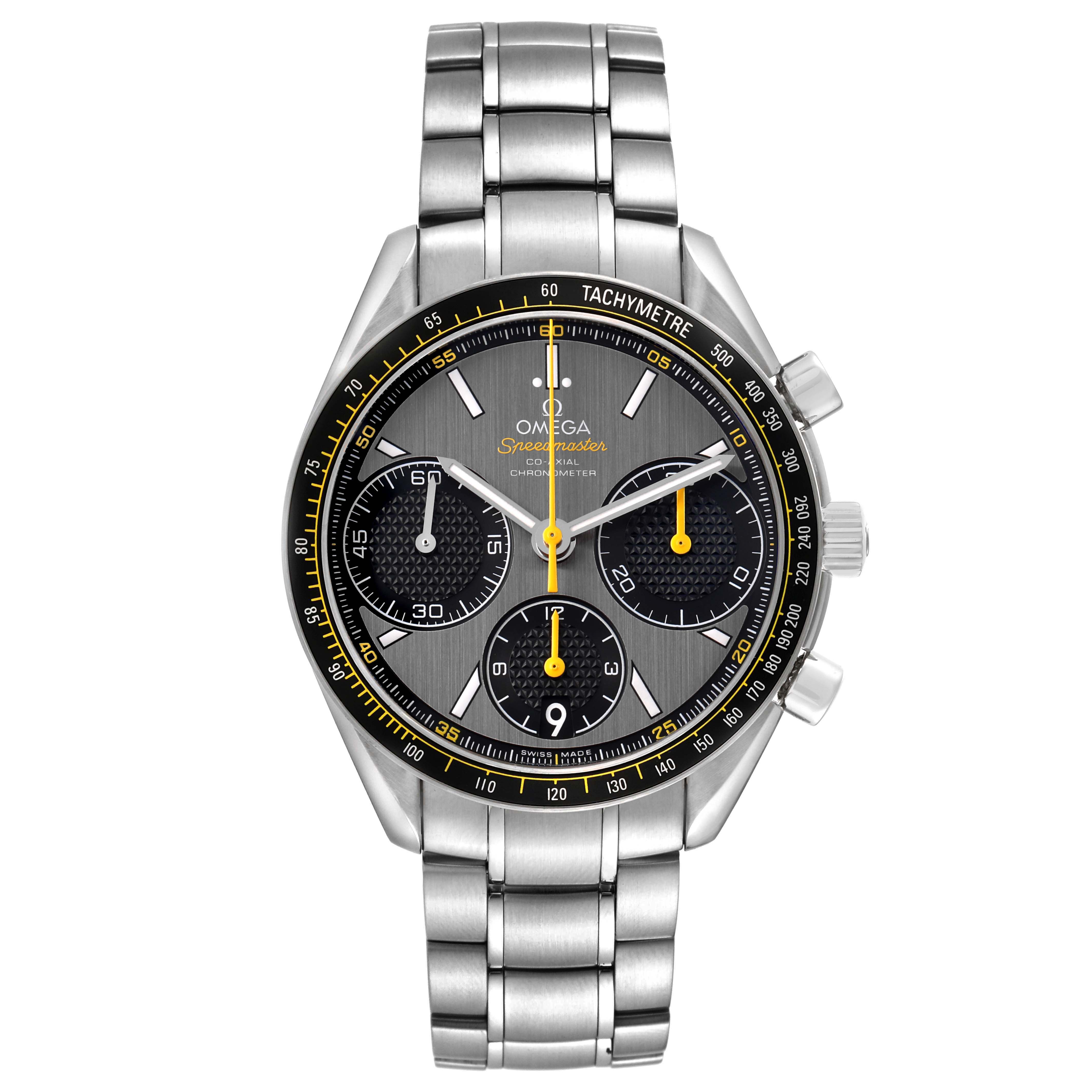 The Omega Speedmaster 326.30.40.50.06.001 Men's Stainless Steel Grey Dial is shown from a front angle, displaying the face, bezel, and bracelet.
