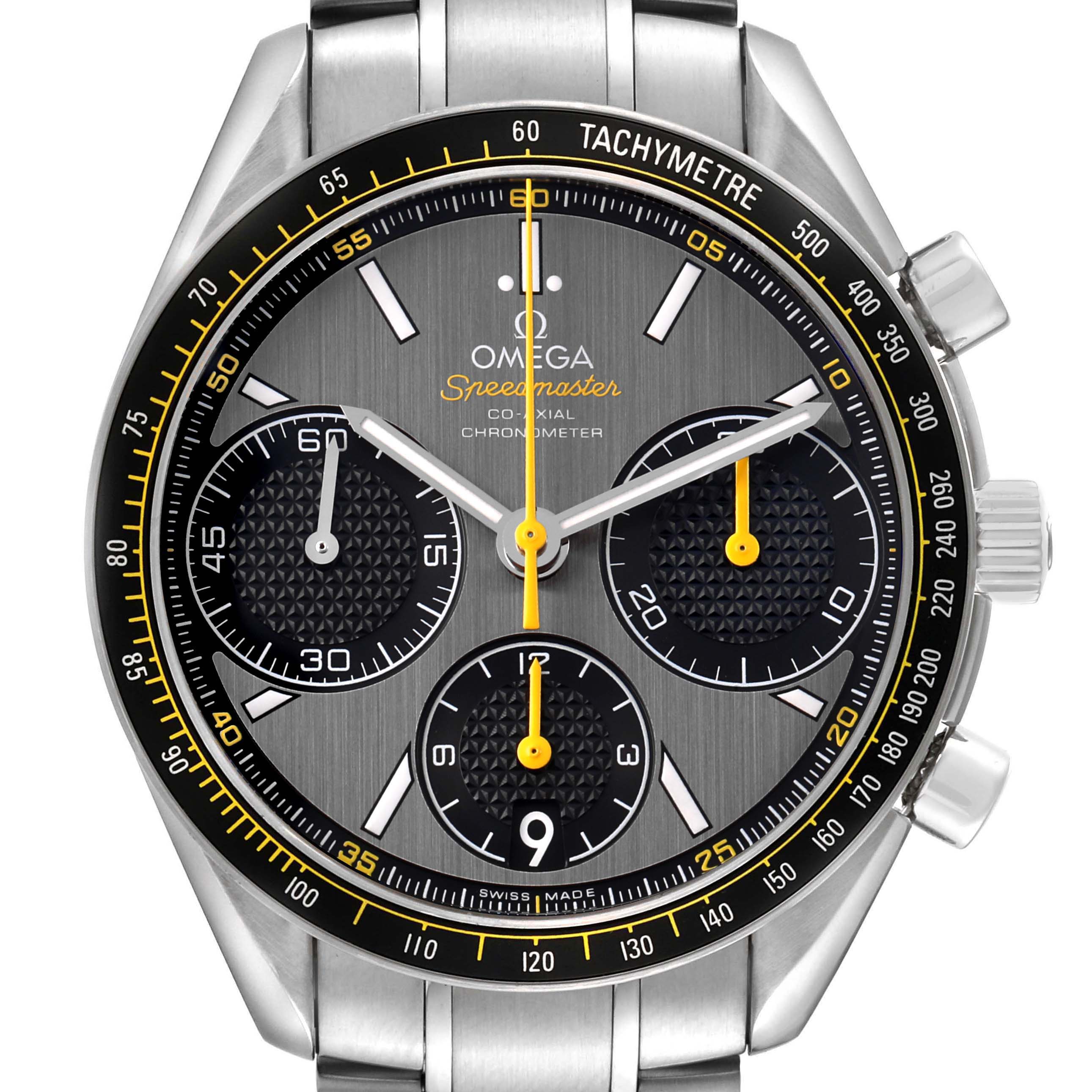 The Omega Speedmaster 326.30.40.50.06.001 Men's Stainless Steel Grey Dial watch is shown from the front, highlighting the dial, tachymeter, subdials, and crown.