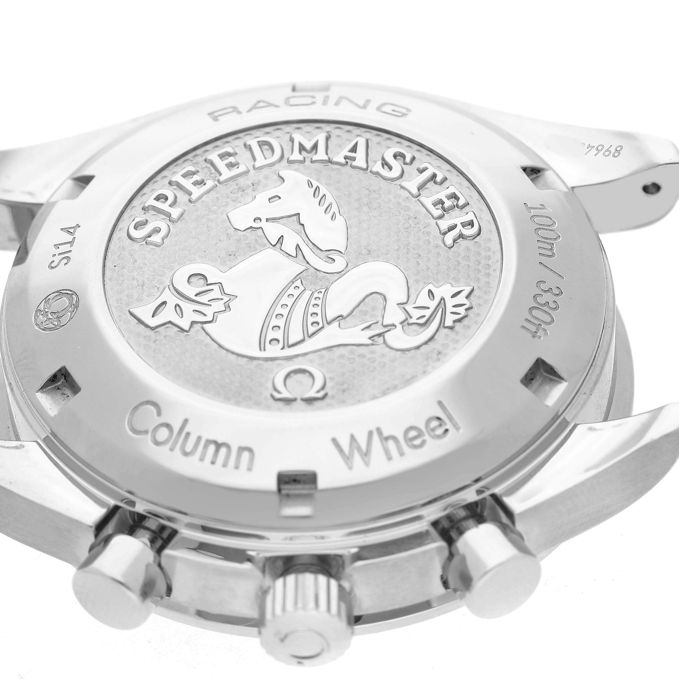 The Omega Speedmaster 326.30.40.50.06.001 Men's Stainless Steel Grey Dial is shown from the back, highlighting the engraved case back and pushers.