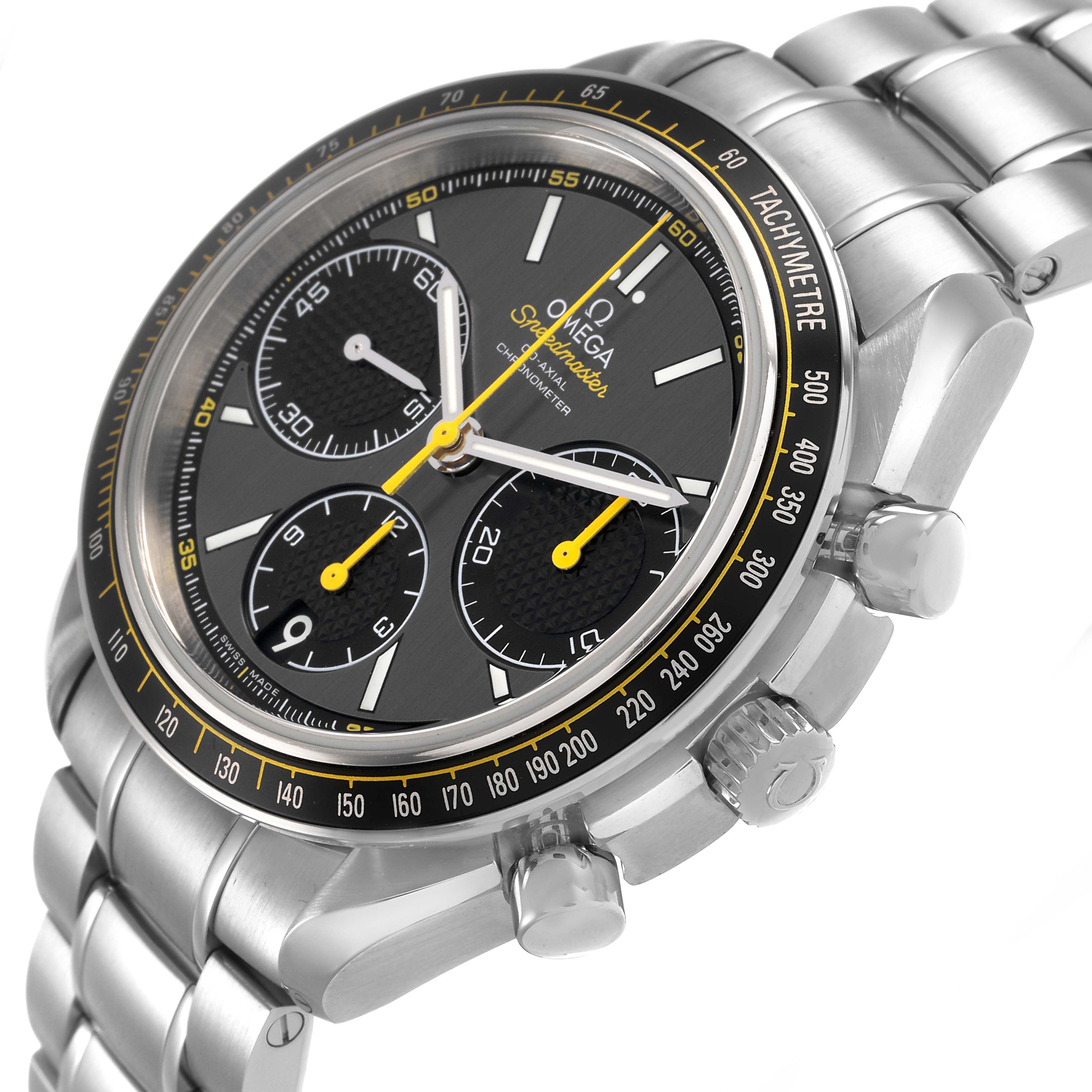 The Omega Speedmaster 326.30.40.50.06.001 Men's Stainless Steel Grey Dial watch is shown at a slight side angle, highlighting the dial, tachymeter, and stainless steel bracelet and crown.