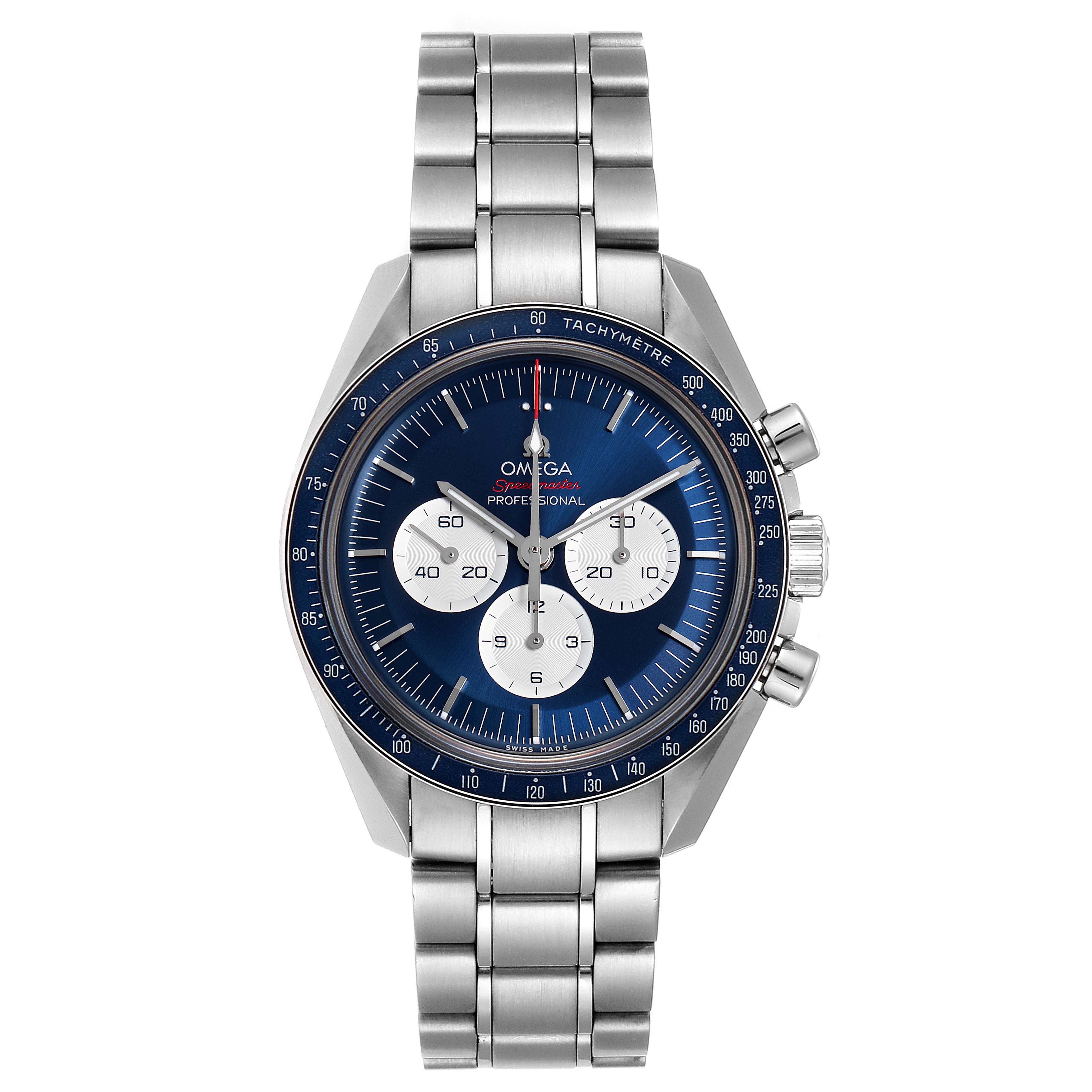 The image shows a front view of an Omega Speedmaster 522.30.42.30.03.001 Men's Stainless Steel Blue Dial 522.30.42.30.03.001 Men's Stainless Steel Blue Dial watch, displaying the dial, bezel, and full bracelet.