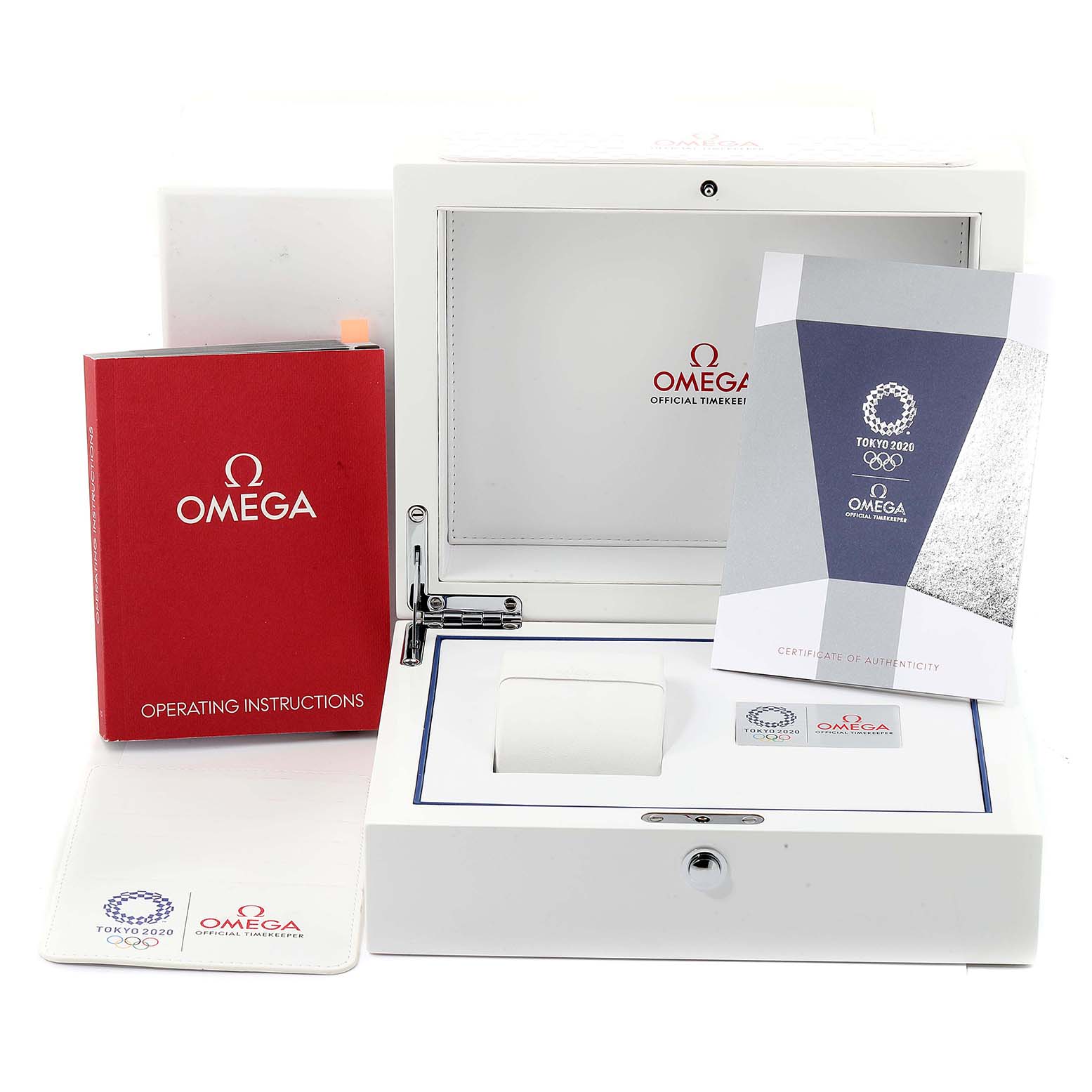 The image shows an Omega Speedmaster 522.30.42.30.03.001 Men's Stainless Steel Blue Dial 522.30.42.30.03.001 Men's Stainless Steel Blue Dial watch box, along with operating instructions and a certificate of authenticity.