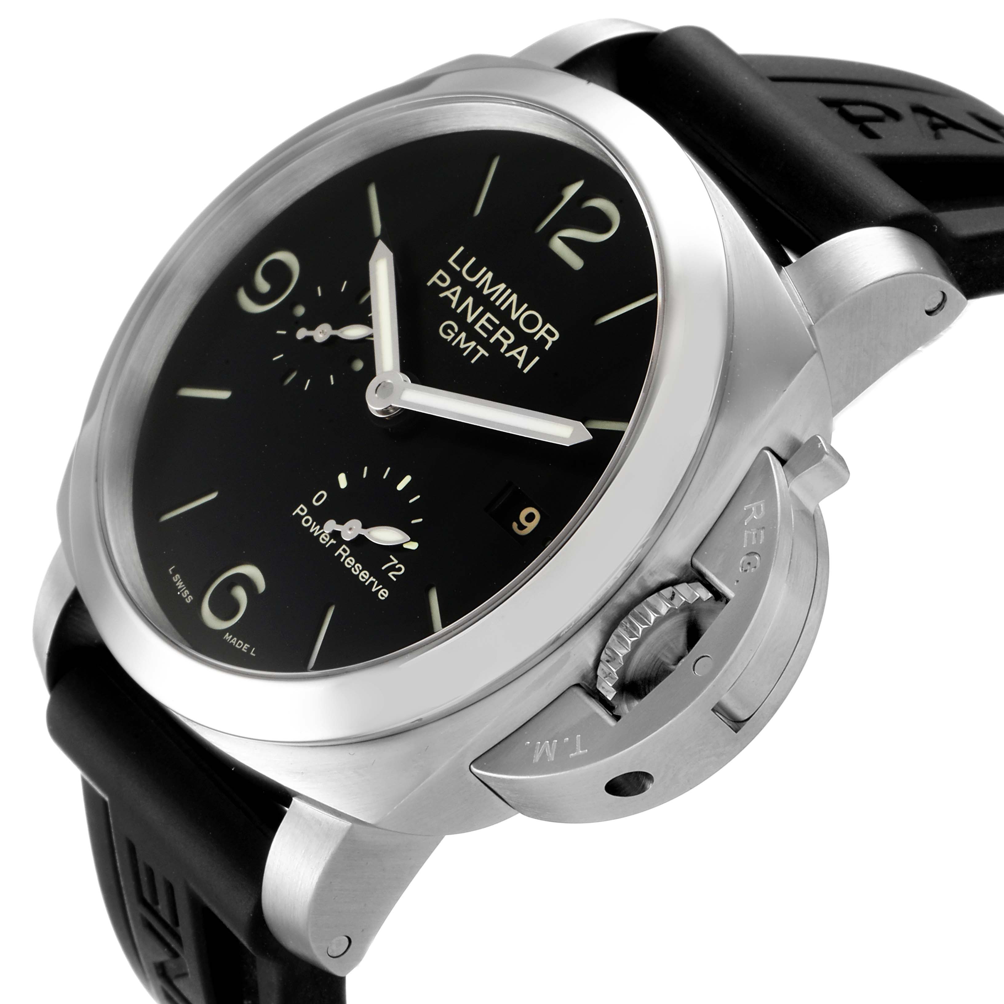 The image shows a Panerai Luminor PAM00321 Men's Stainless Steel Black Dial PAM00321 Men's Stainless Steel Black Dial GMT watch angled from the front-left, highlighting the dial, crown guard, and black strap.