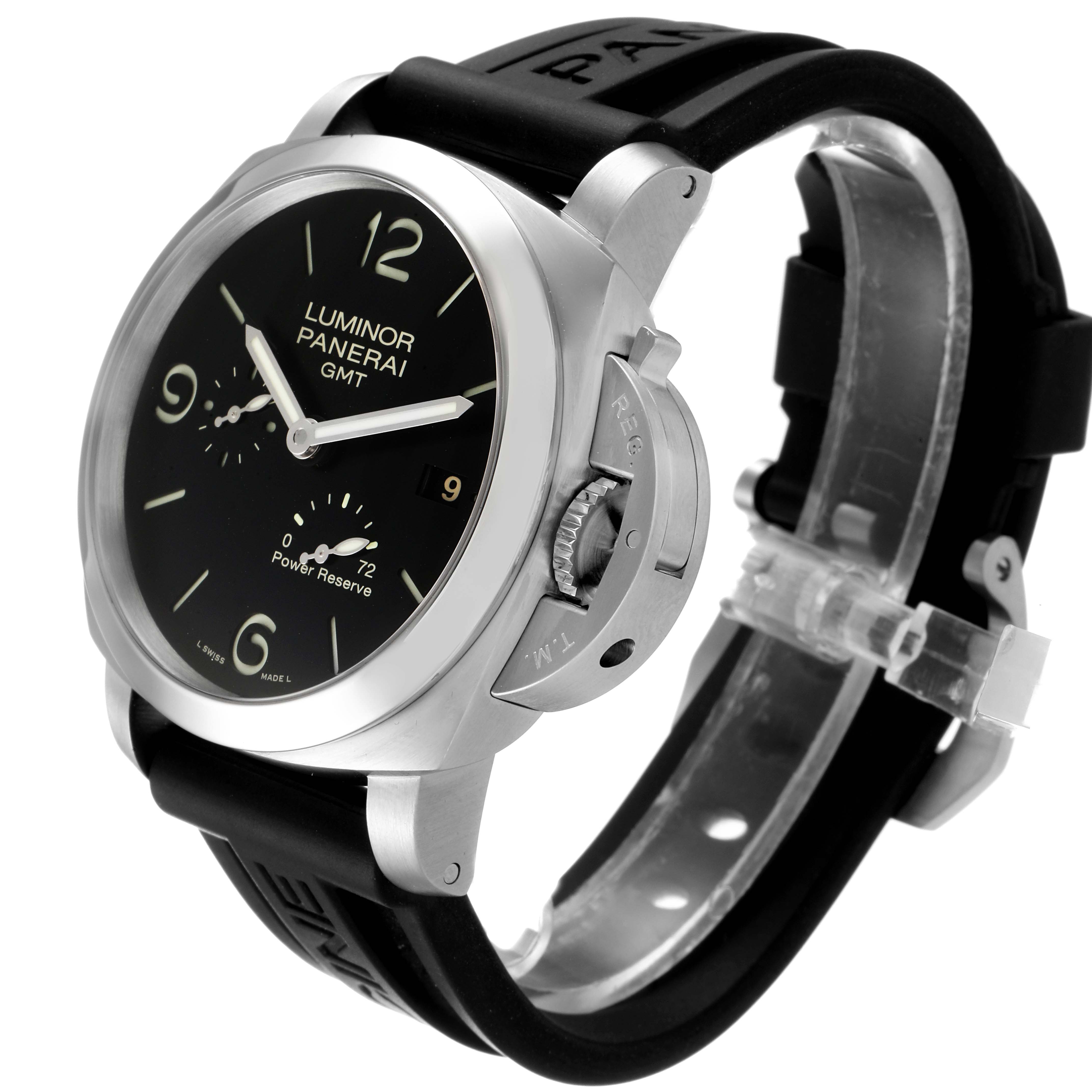 The image shows a Panerai Luminor PAM00321 Men's Stainless Steel Black Dial PAM00321 Men's Stainless Steel Black Dial GMT watch at a 3/4 angle, highlighting the face, bezel, crown, and black rubber strap.